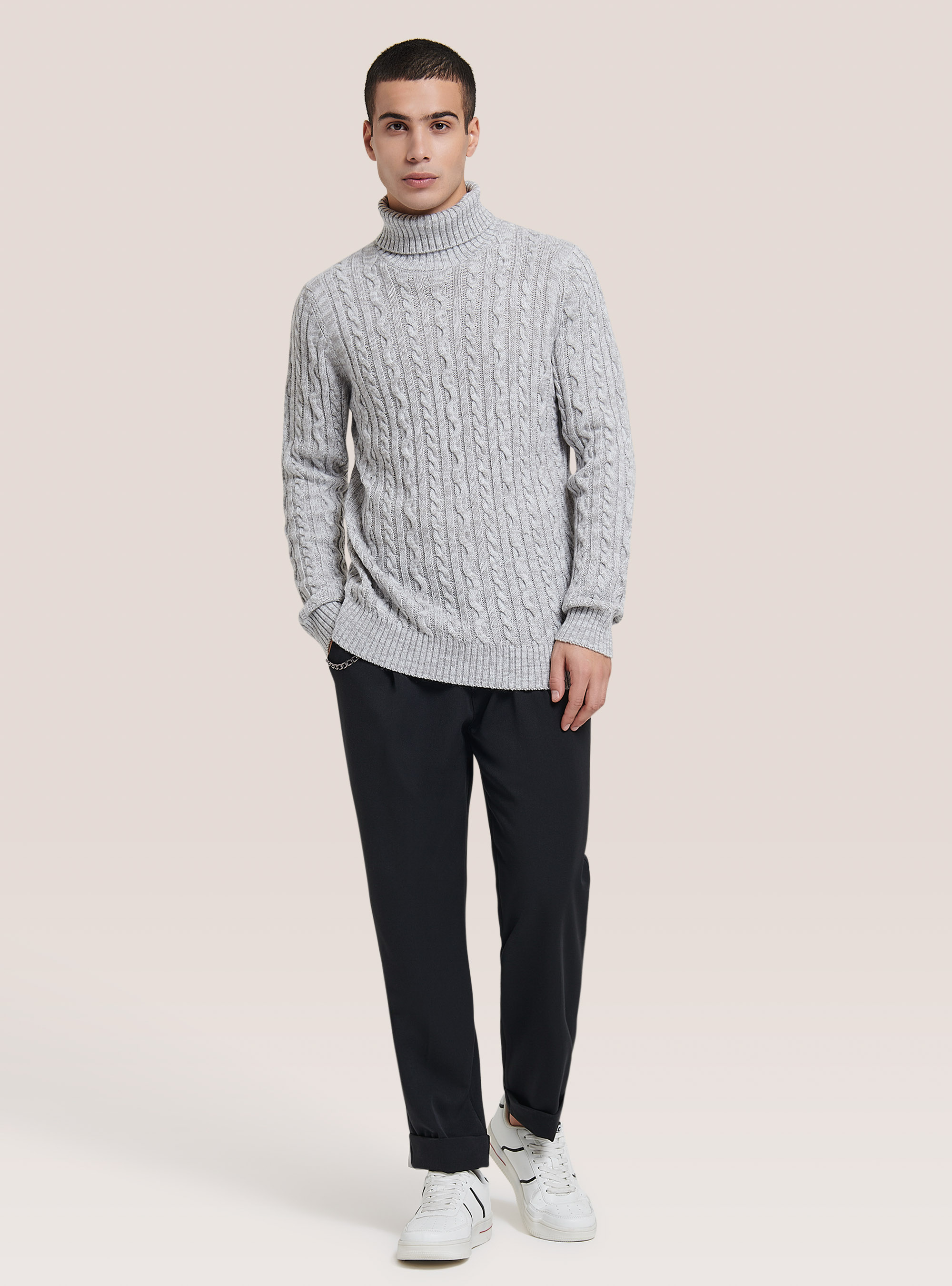 Pullover collo alto con trecce, MGY3 GREY MEL LIGHT