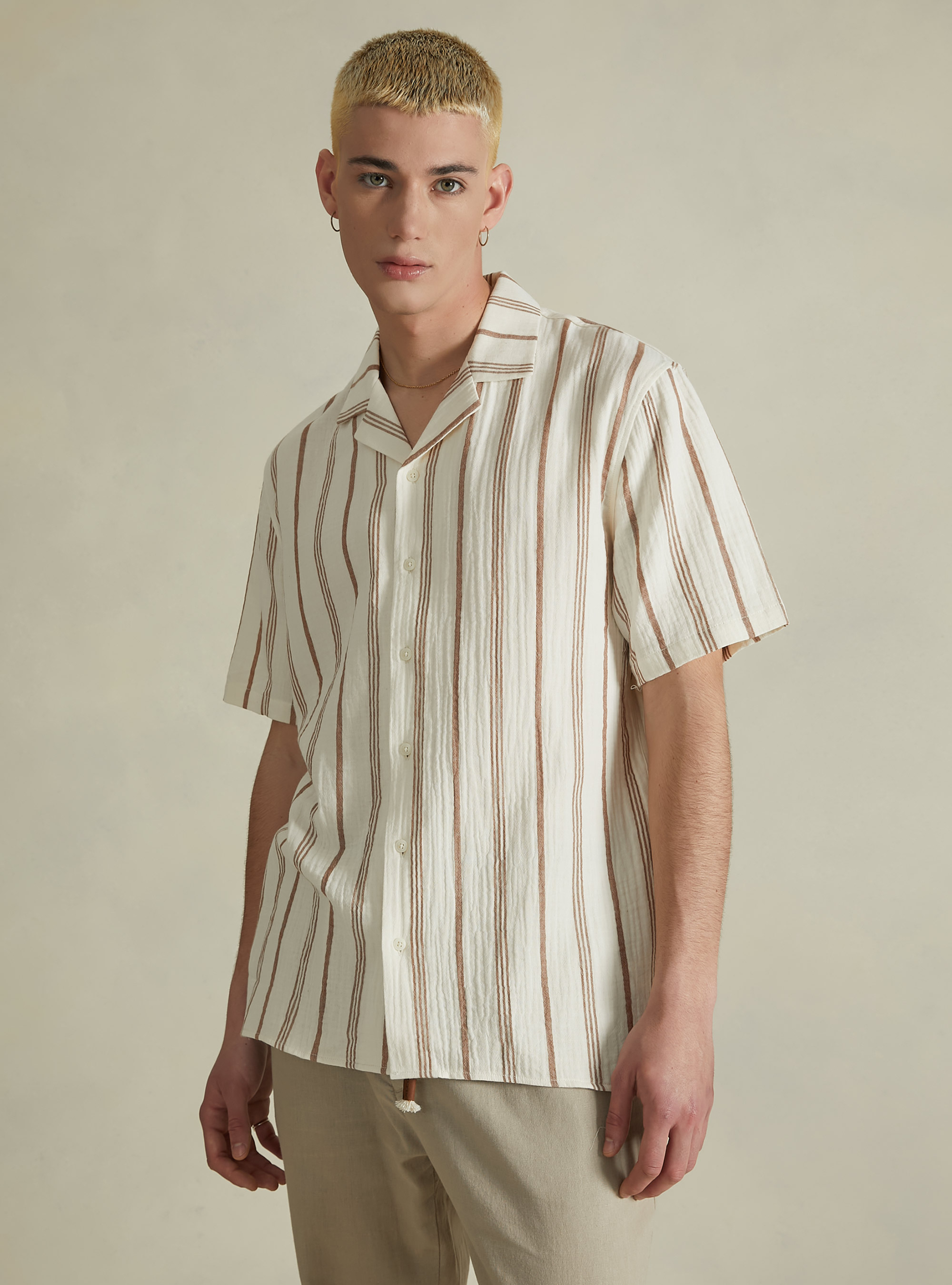 Chemise rayée à manches courtes, BG2 BEIGE MEDIUM