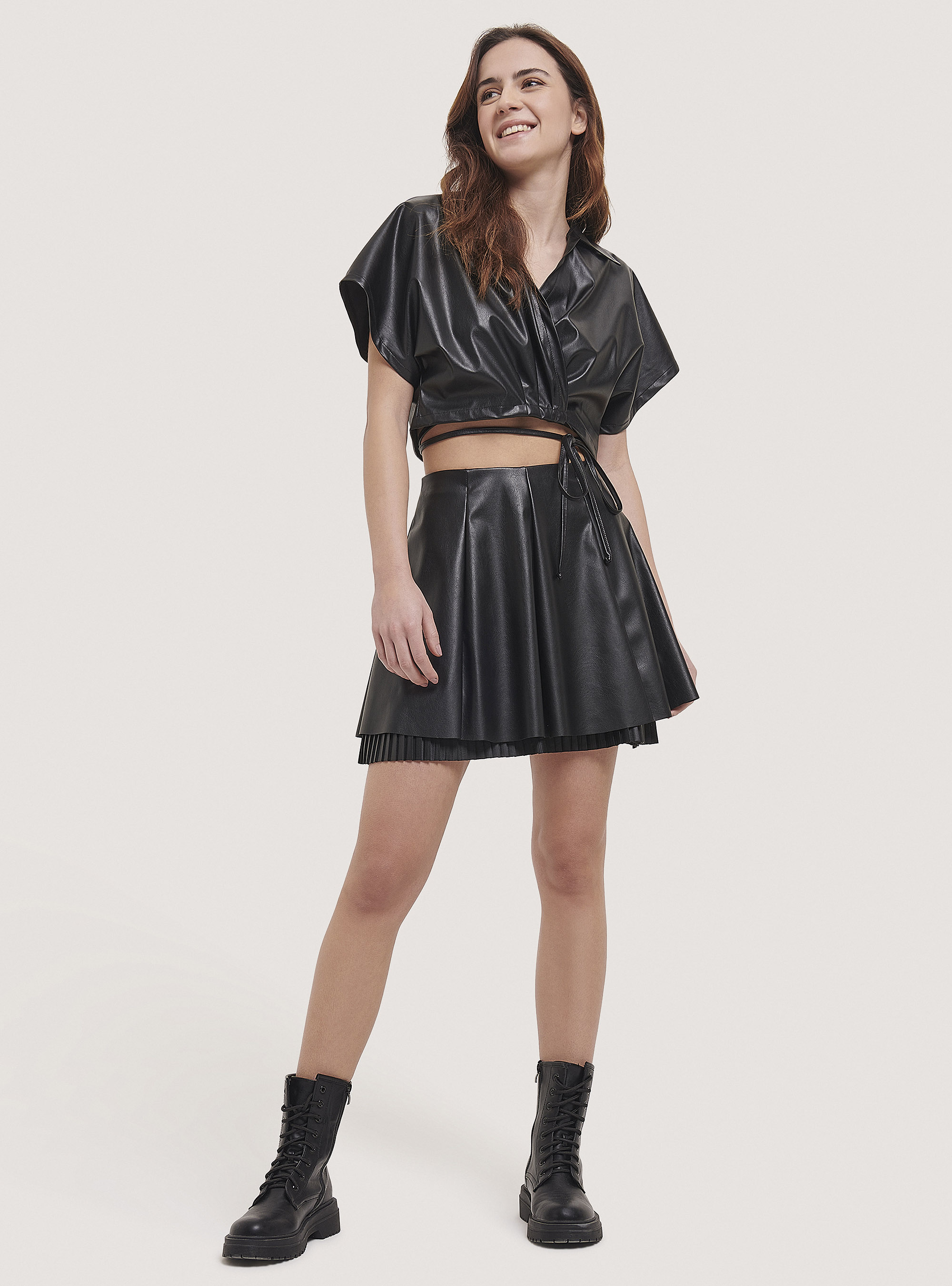Faux leather skirt with double garment, BLACK