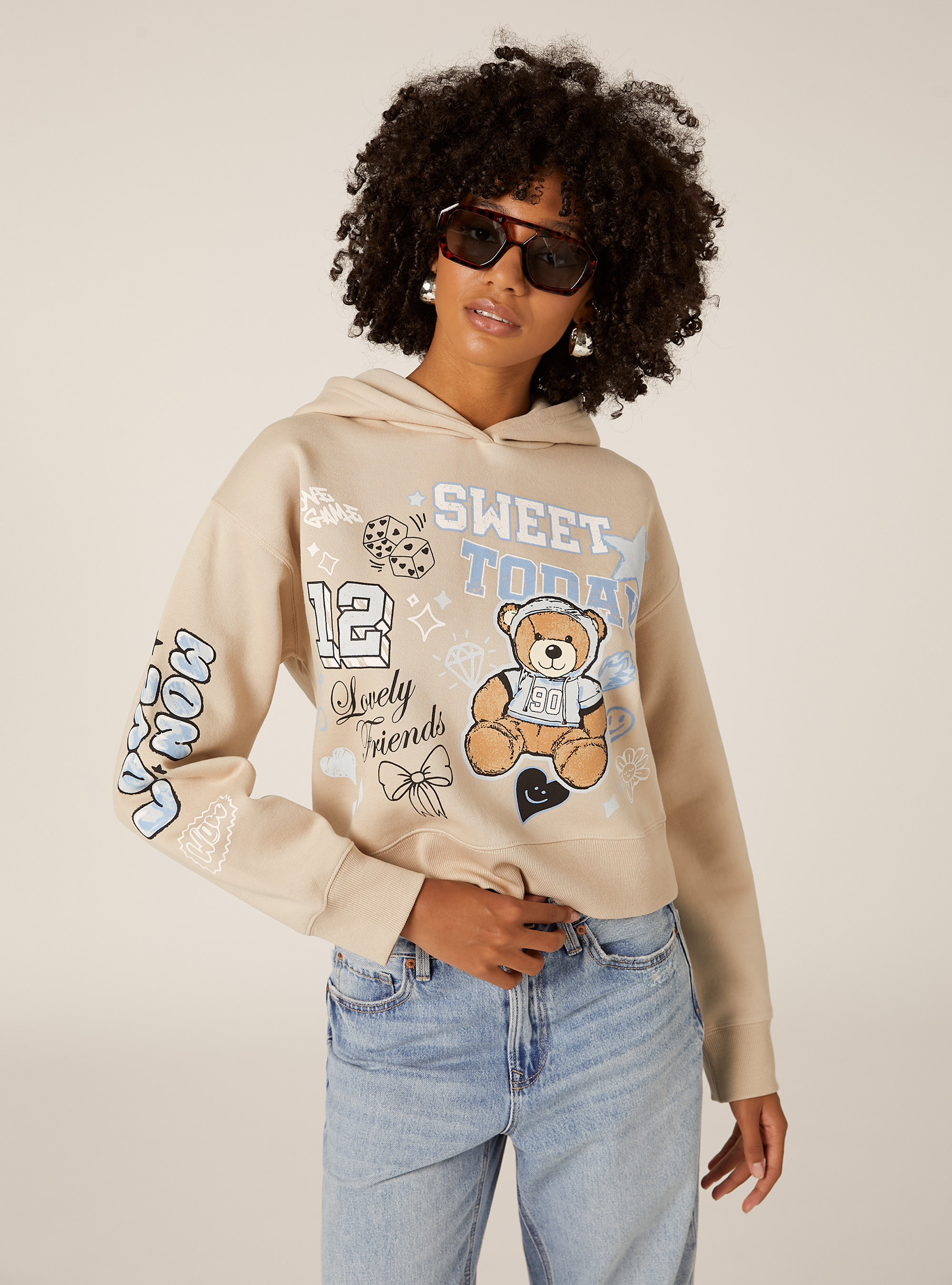 Sweat imprimé coupe carrée à capuche, BG3 BEIGE LIGHT