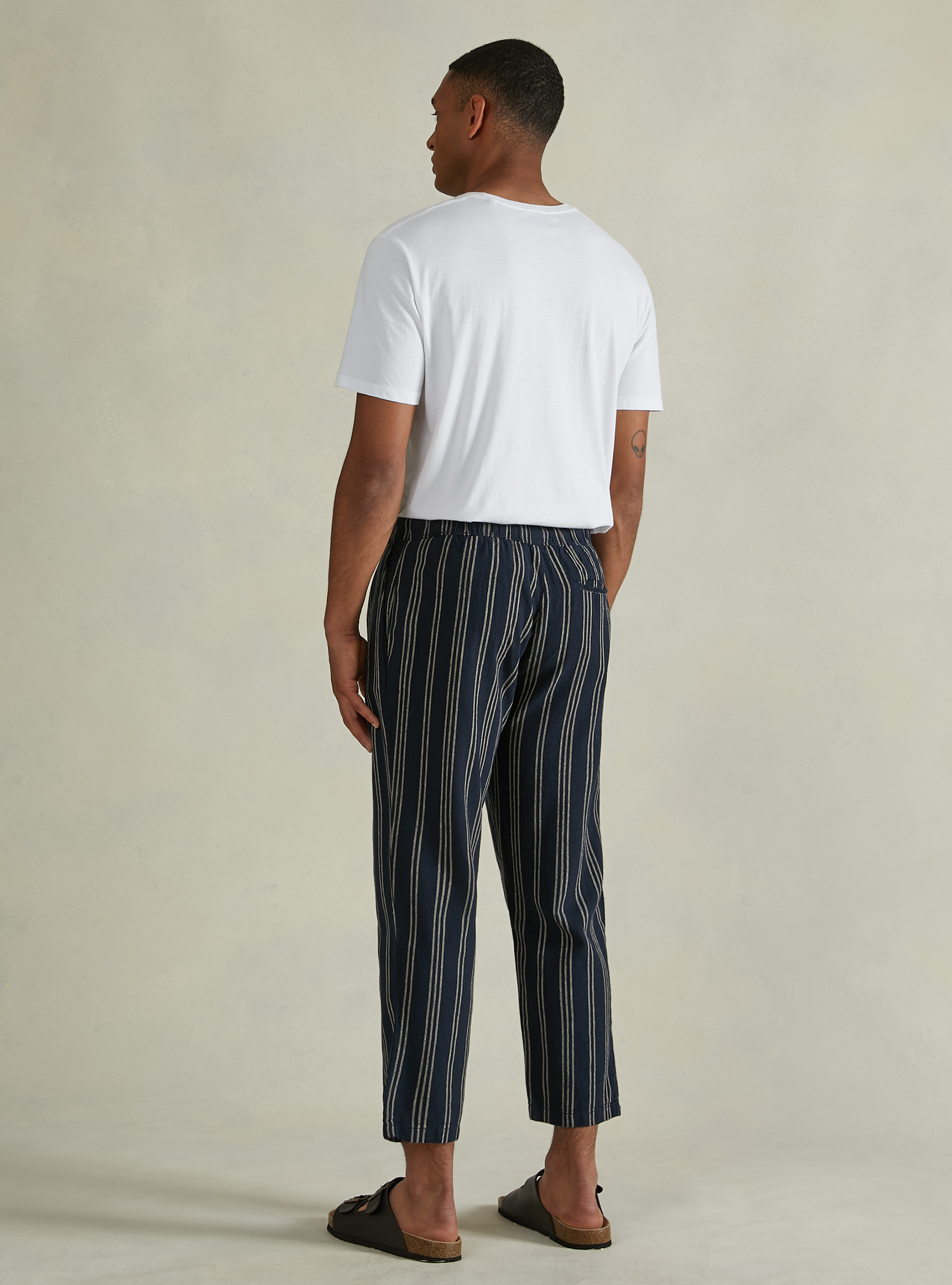 Linen blend trousers with striped drawstring, NA1 NAVY DARK