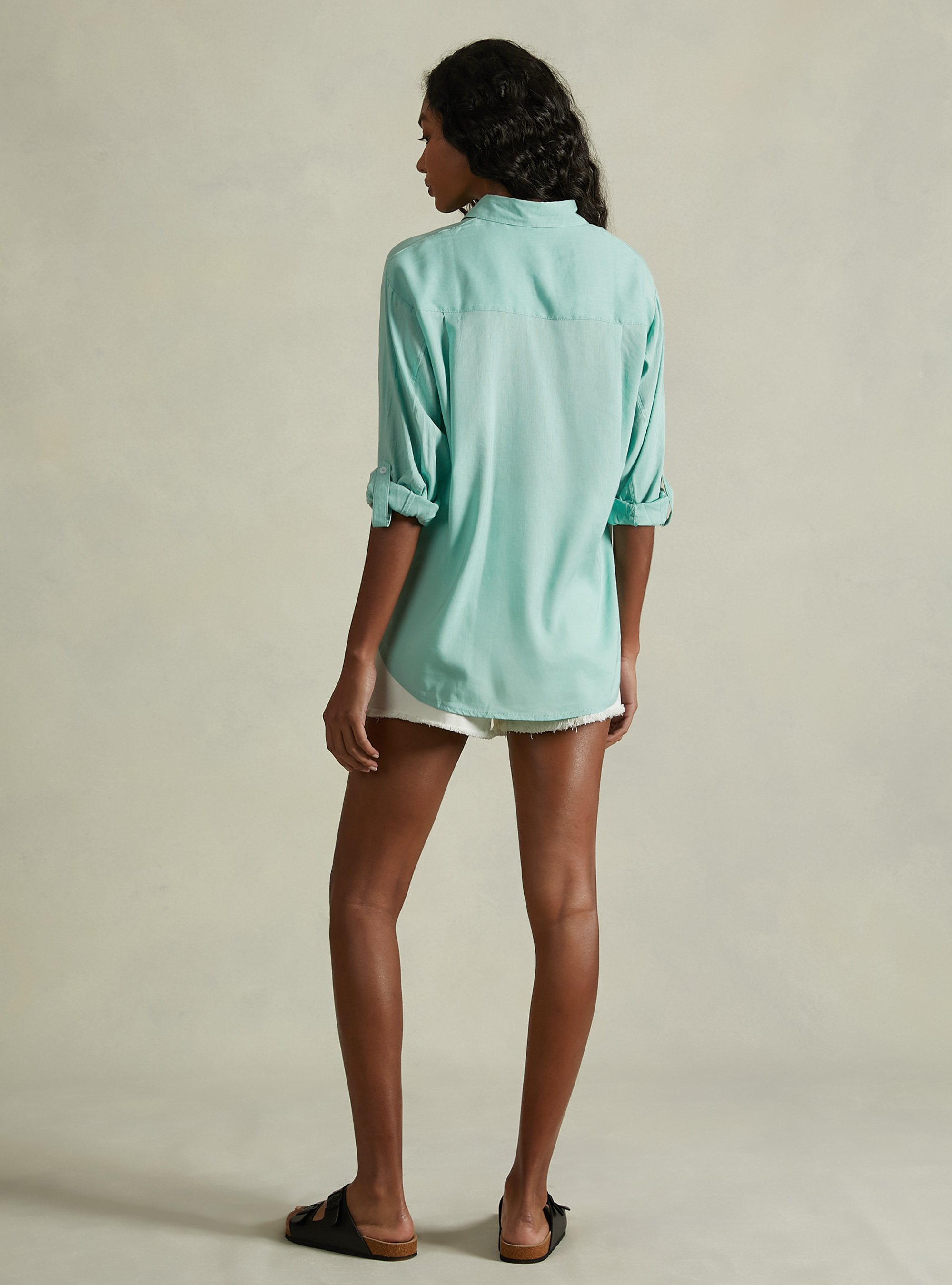 Camisa de mezcla de lino con bolsillo en el pecho, GA3 AQUA GREEN LIGHT