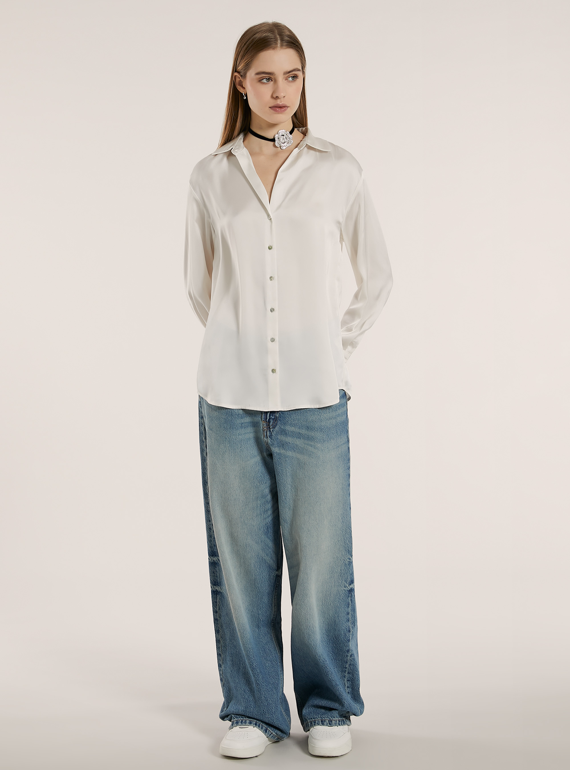 Chemise unie en satin, WH1 OFF WHITE