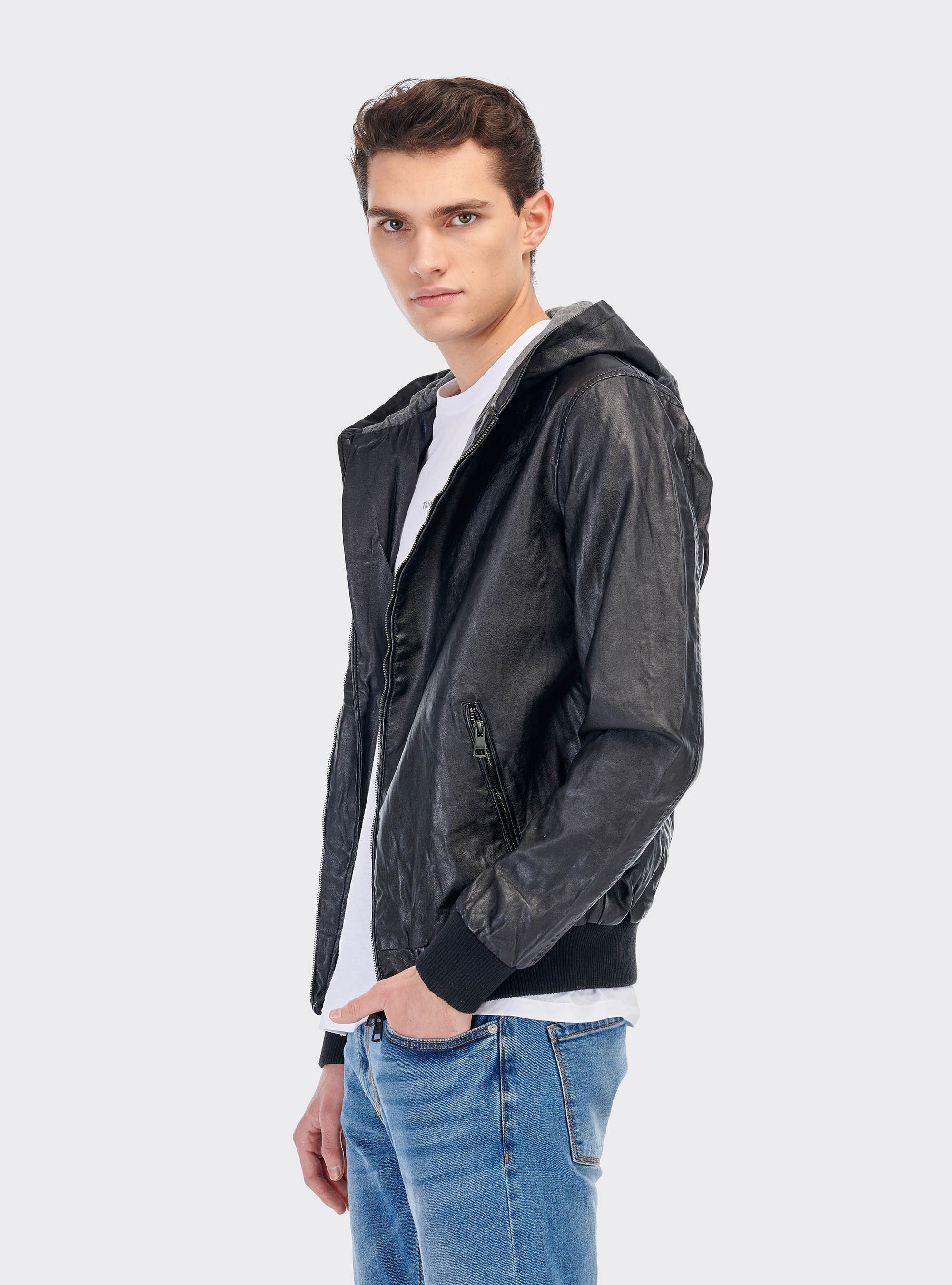 Leather effect jacket with zip, BLACK
