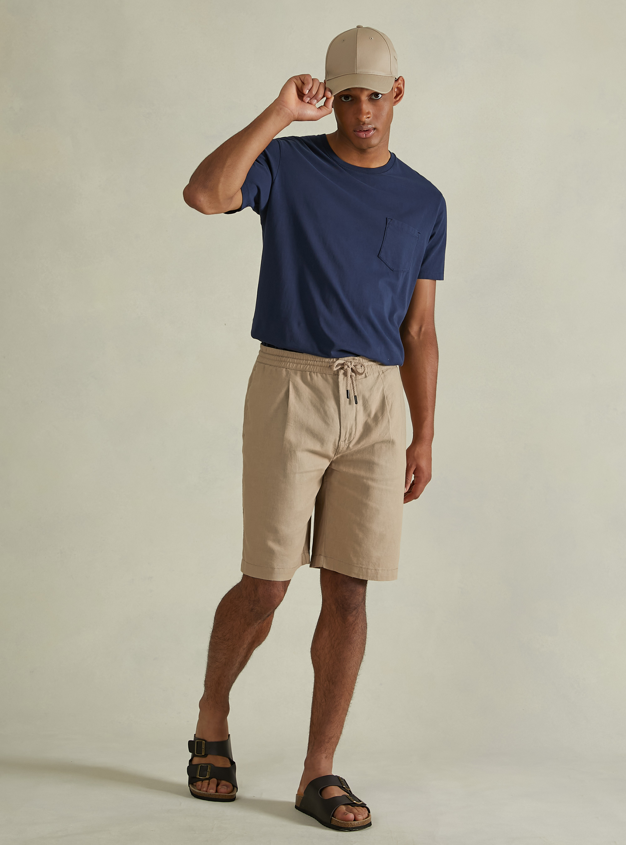 Linen Bermuda Shorts with Drawstring, BG2 BEIGE MEDIUM