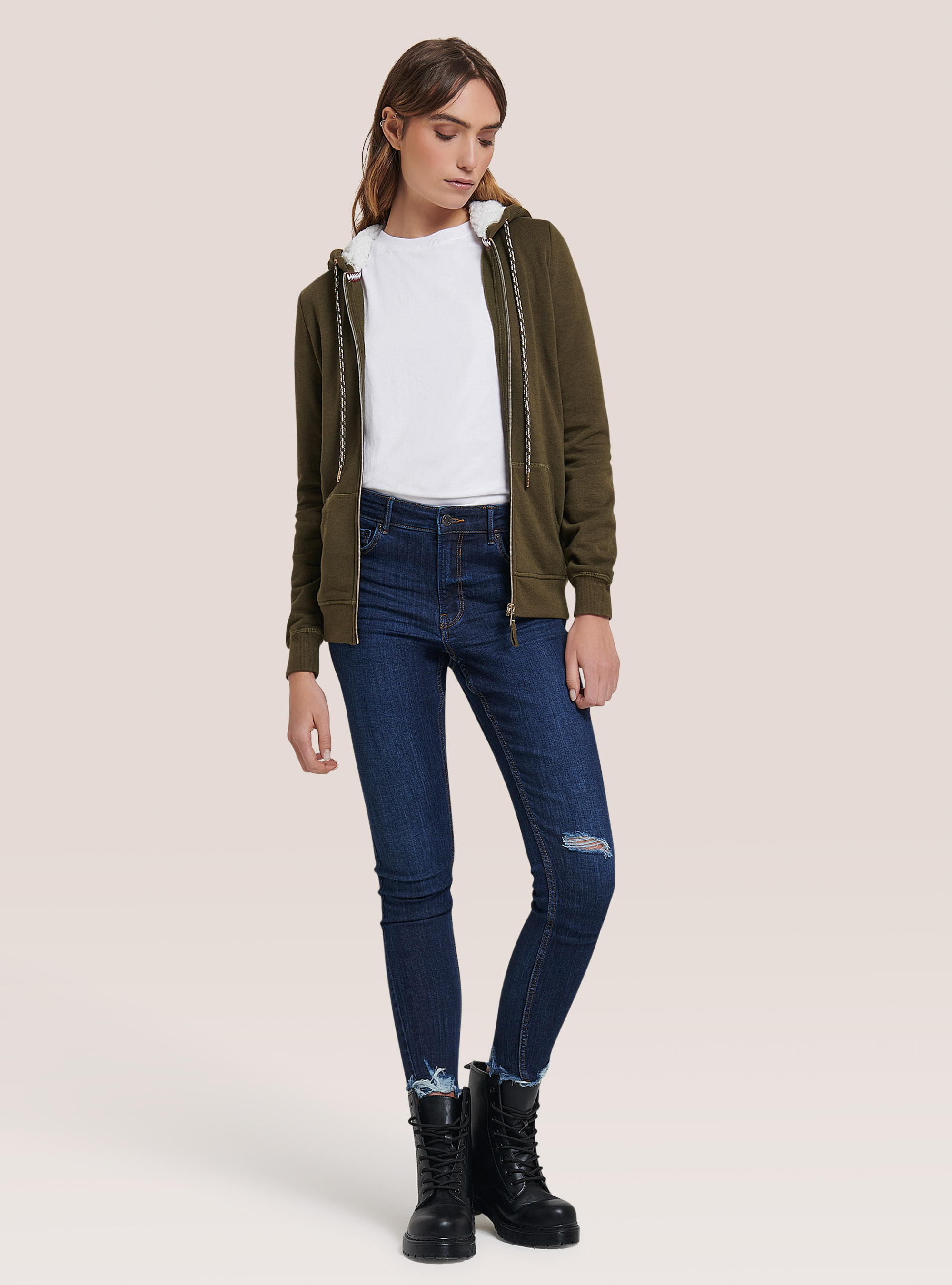 Sweatshirt with zip and faux fur hood, KAKI