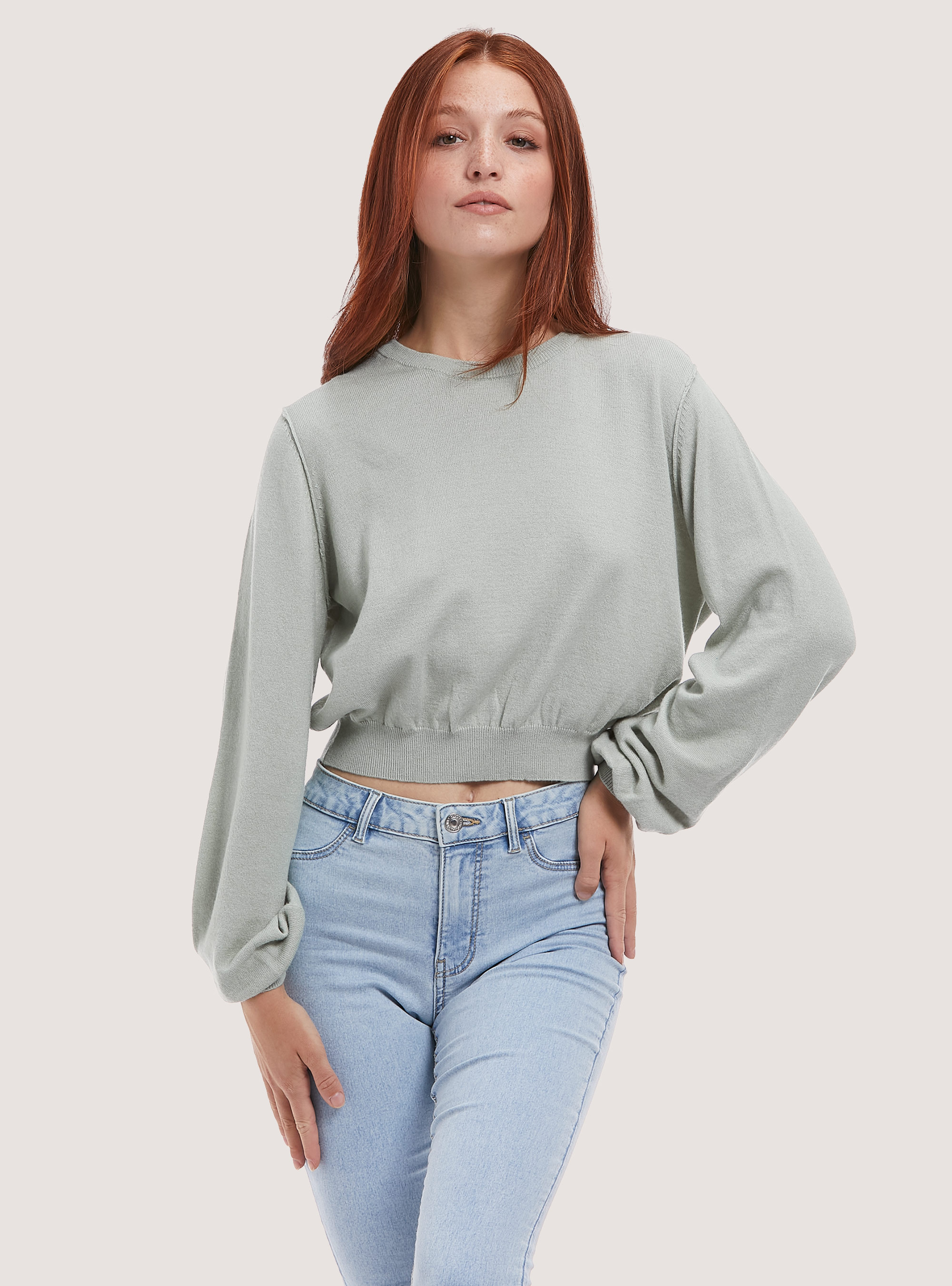 Cropped pullover with puff sleeves, C6585 GREEN