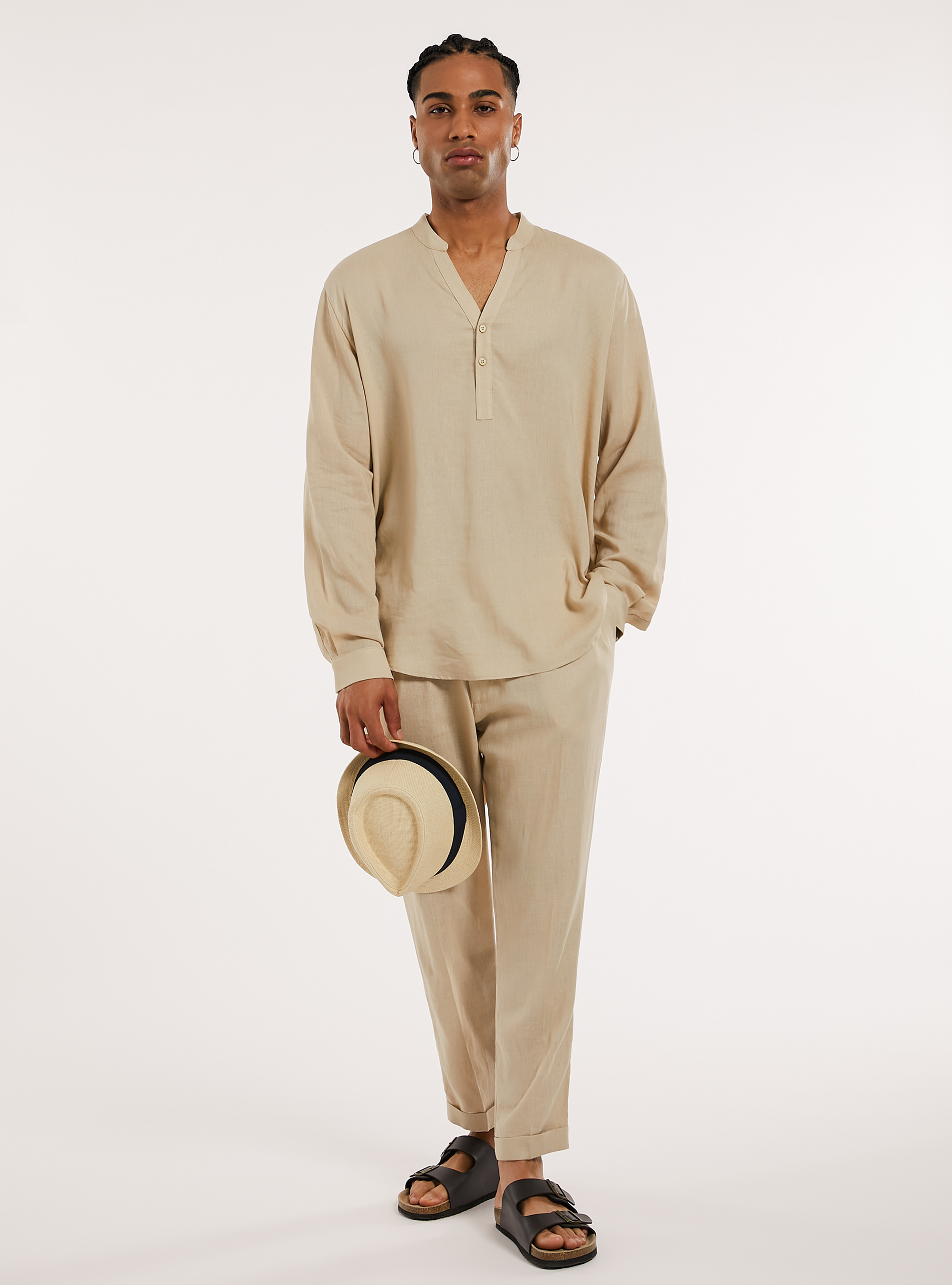 Hemd aus Leinenmischung mit koreanischem Kragen, BG2 BEIGE MEDIUM