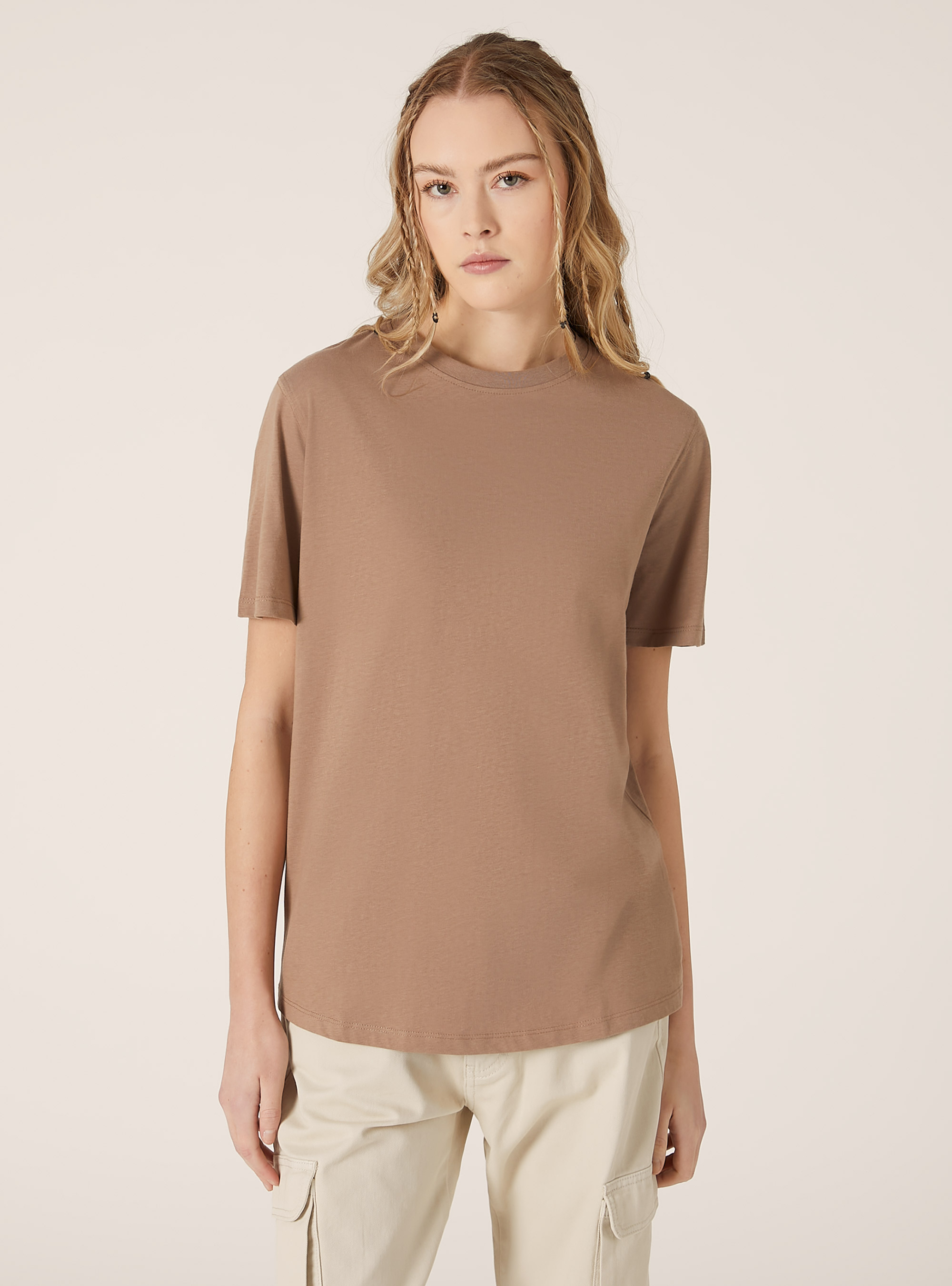 Camiseta de algodón con cuello redondo, BR3 BROWN LIGHT