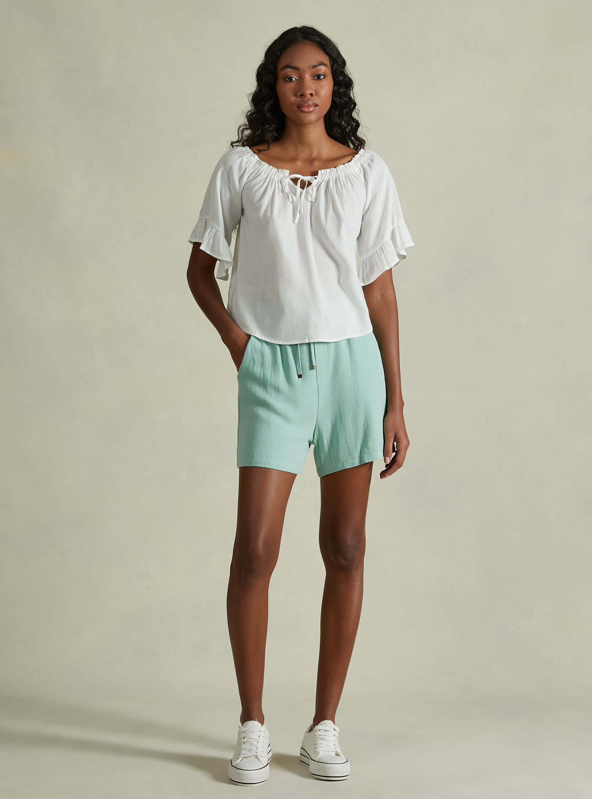 Linen blend blouse with bardot neckline, WH2 WHITE