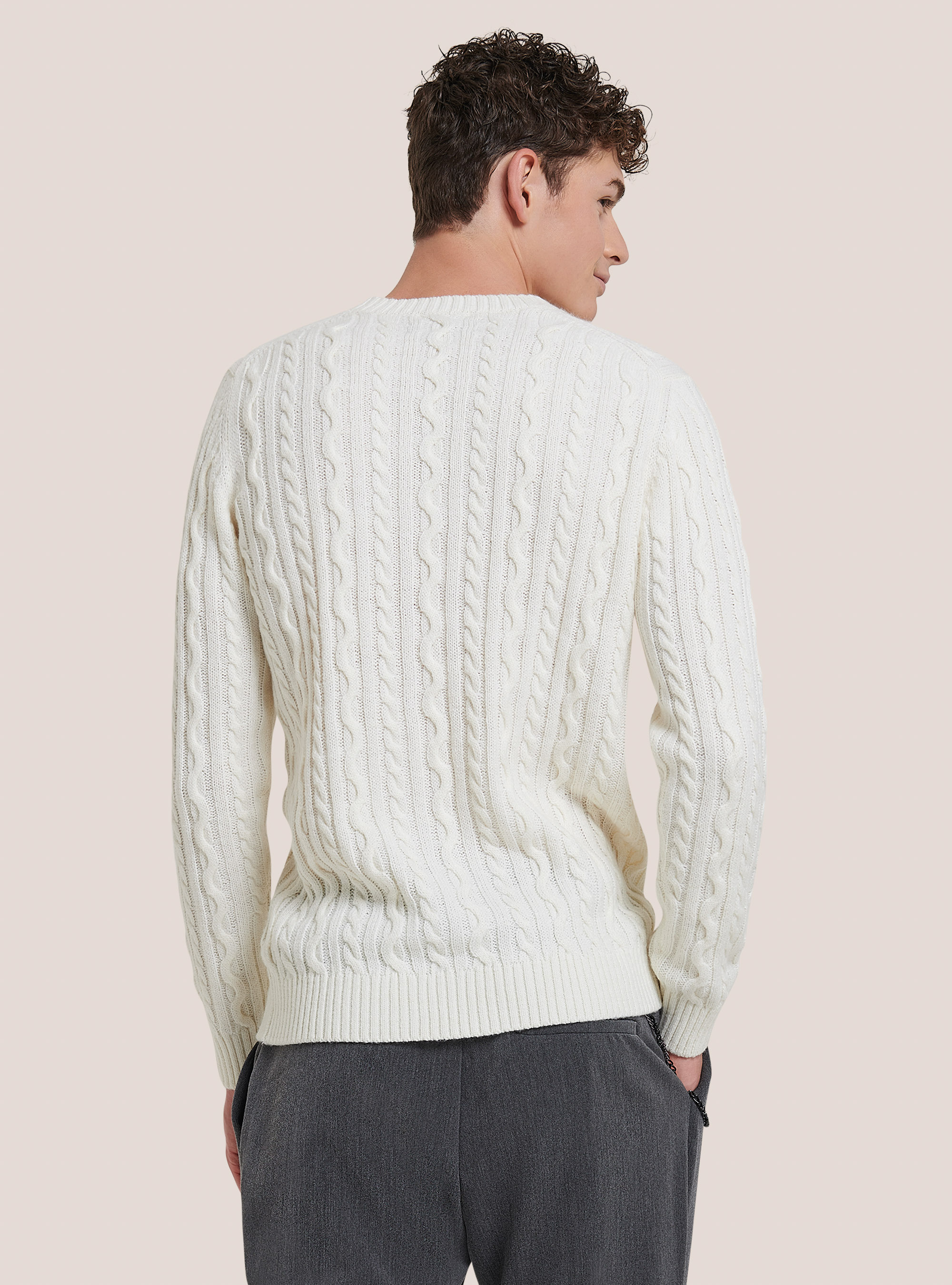 Crew-neck pullover with braids, WHITE