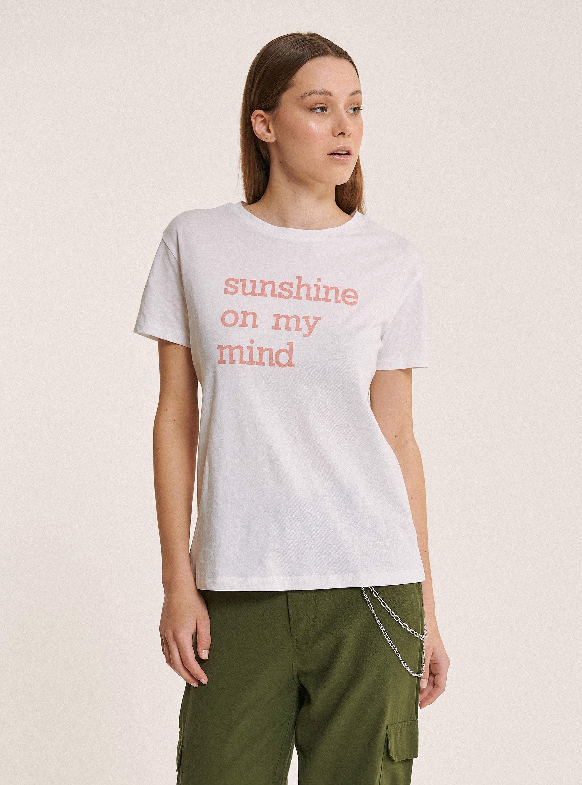 Maglietta con stampa lettering 100% cotone, BIANCO