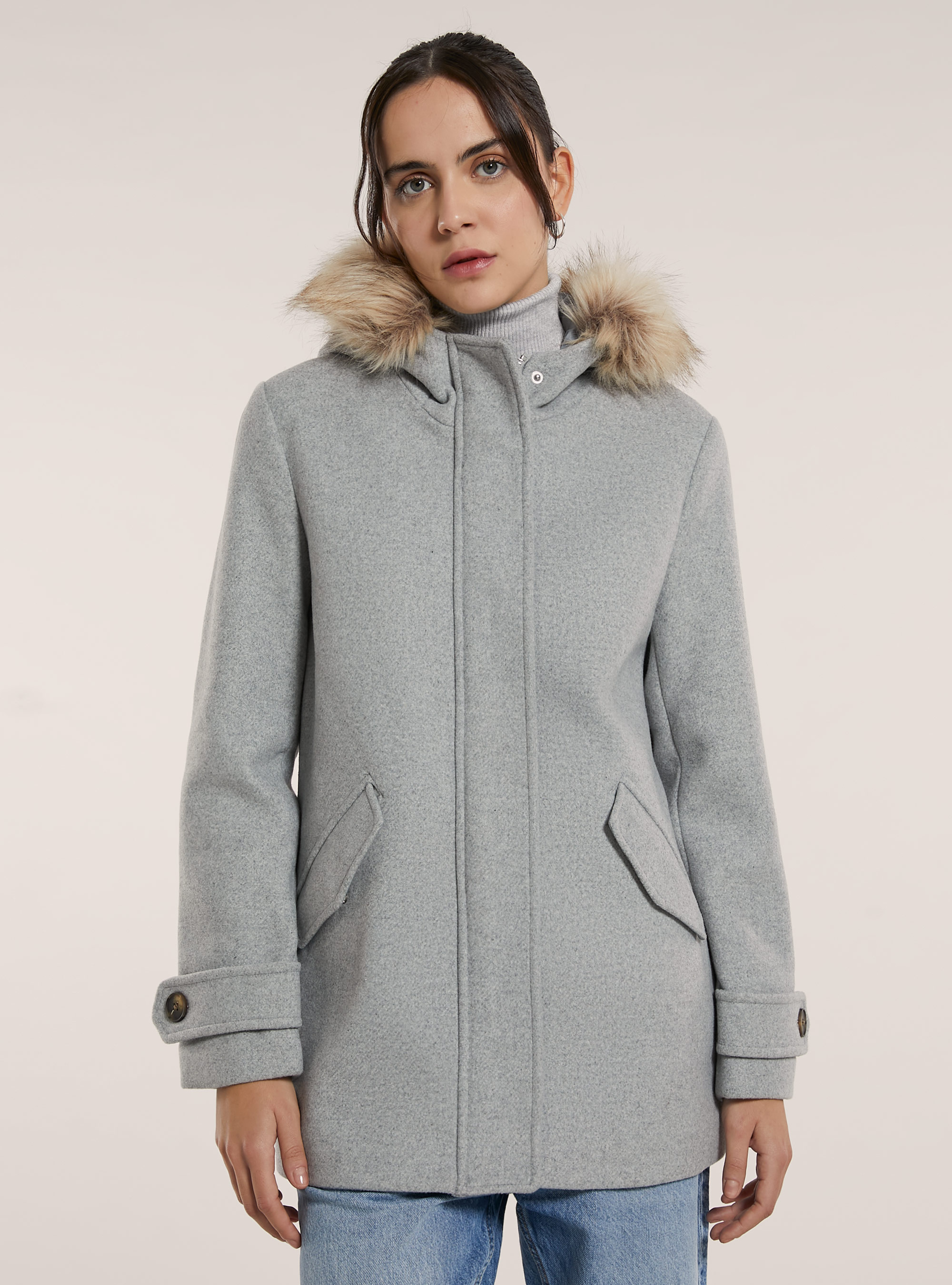 Cappotto corto con cappuccio, MGY3 GREY MEL LIGHT