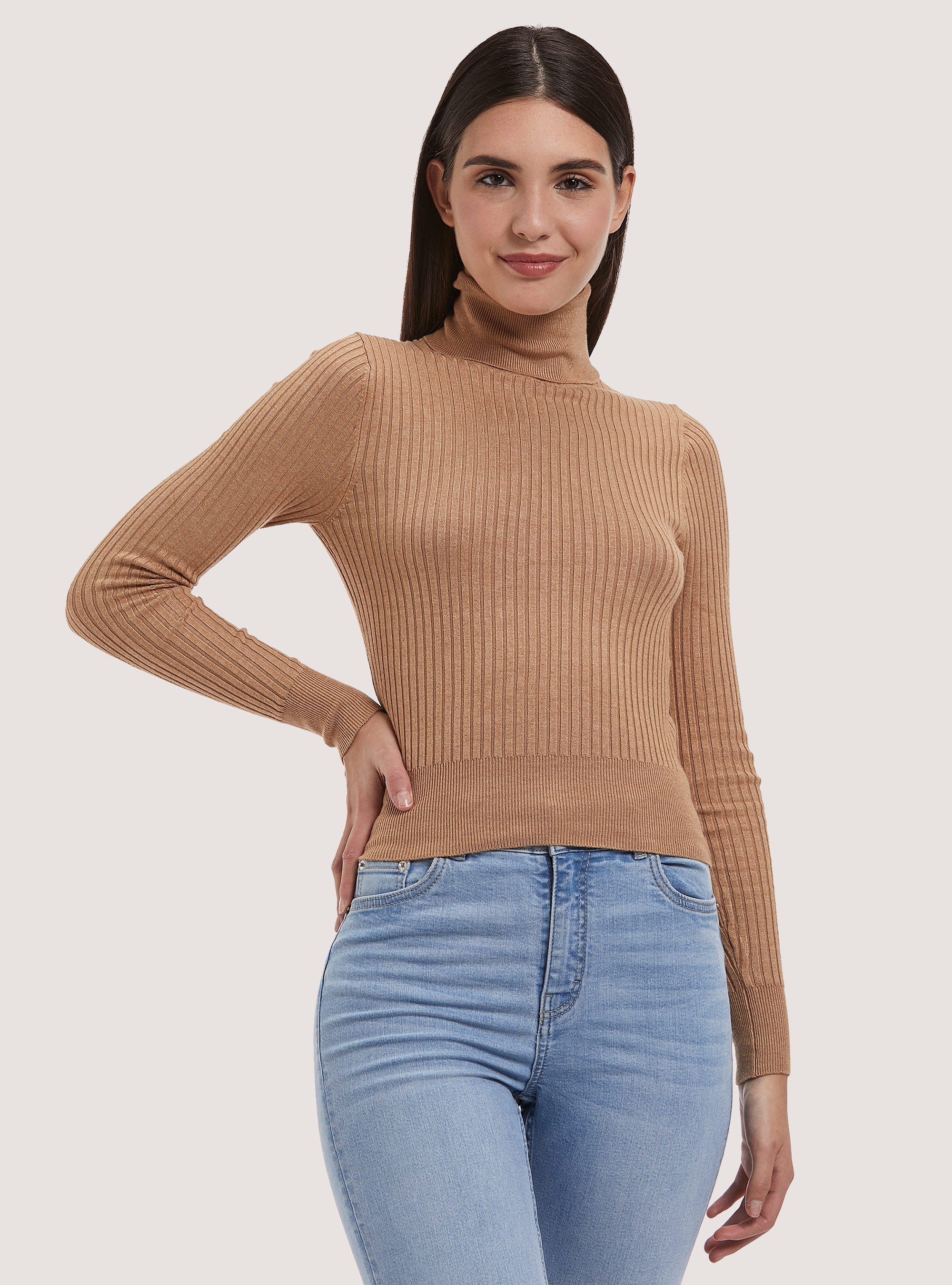 Pullover cropped a collo alto a coste, MBG2 BEIGE MEL MED