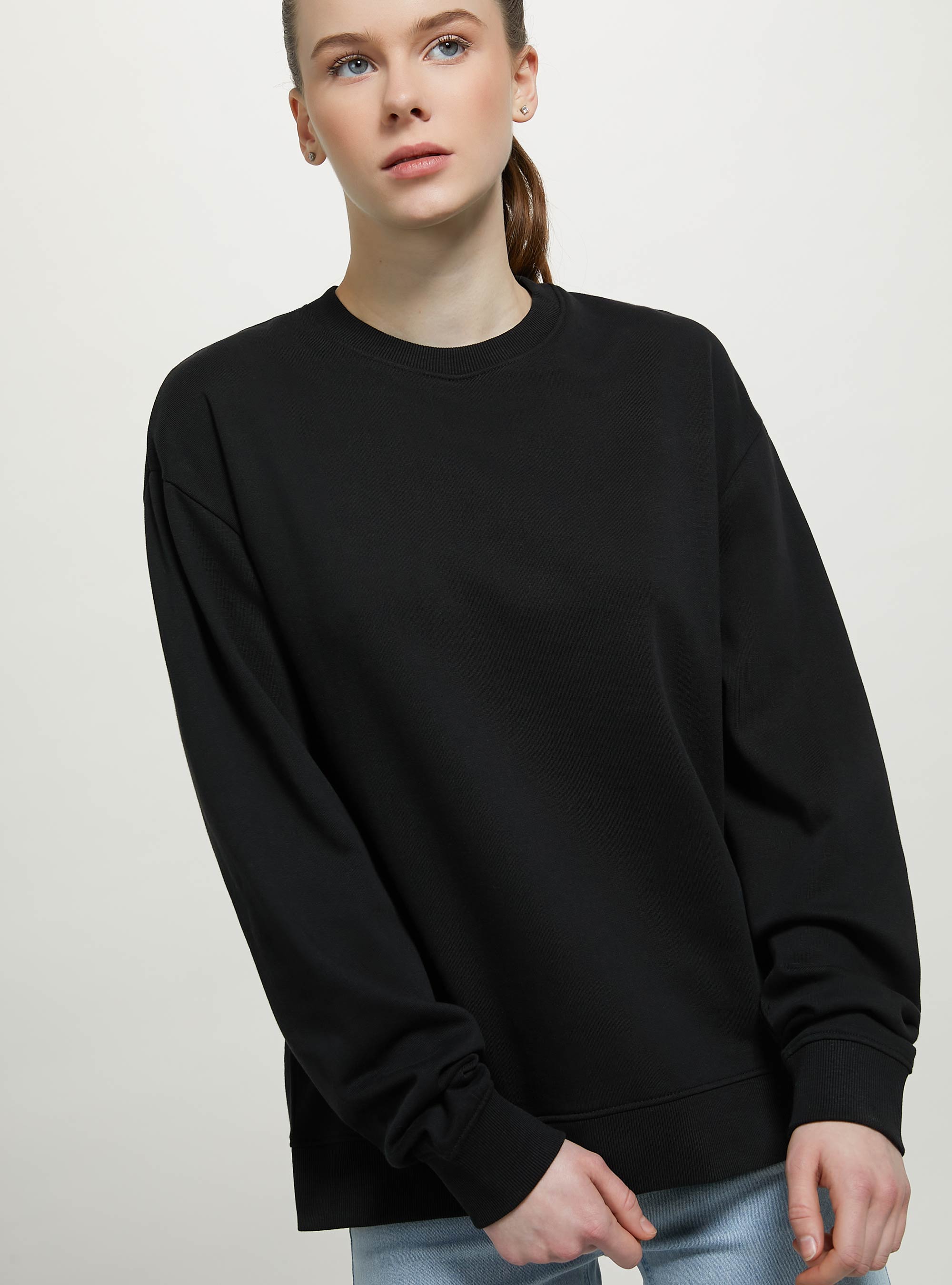 Felpa girocollo in cotone in tinta unita, BK1 BLACK