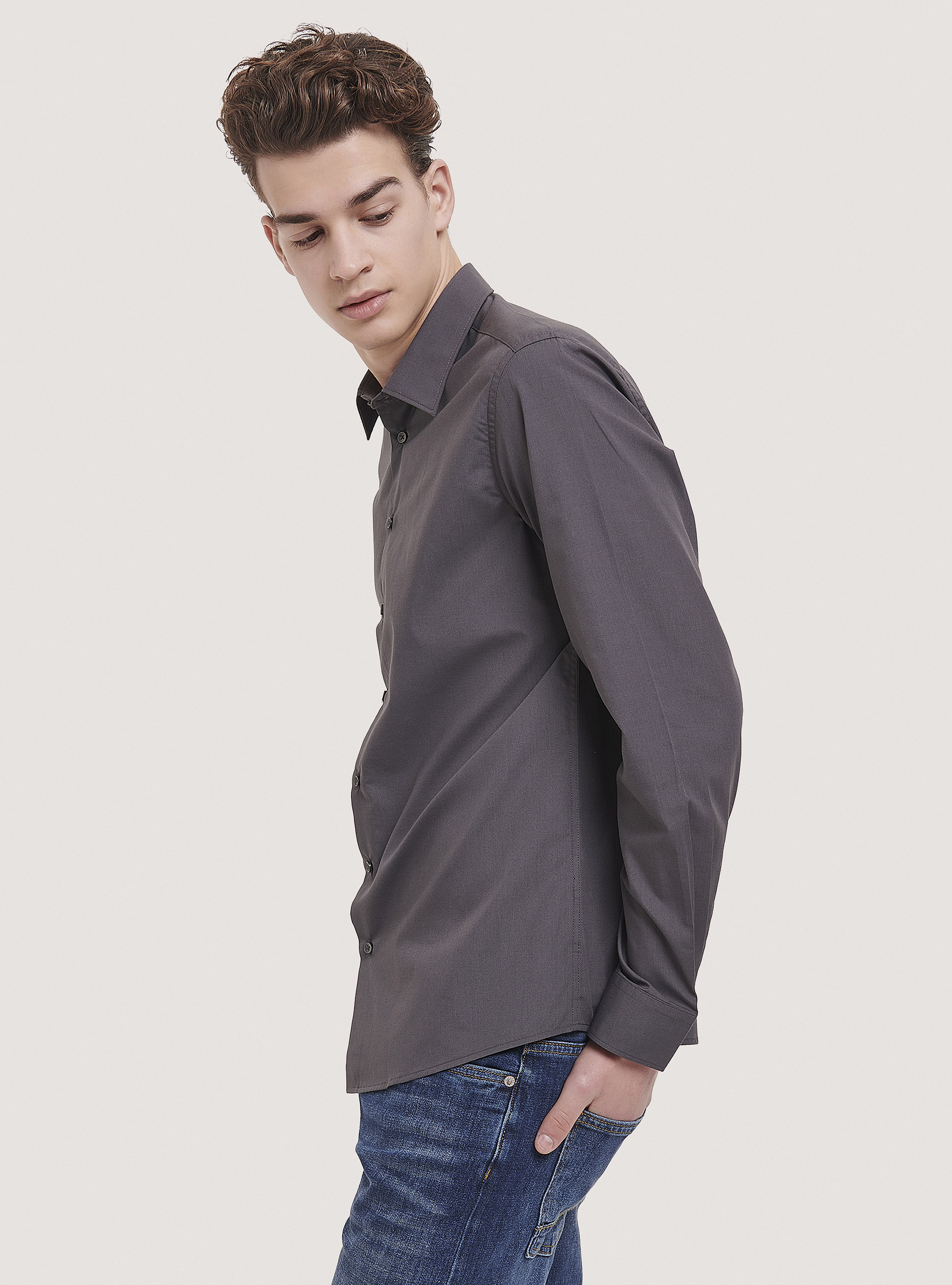 Camicia a manica lunga in tinta unita, C161 GREY