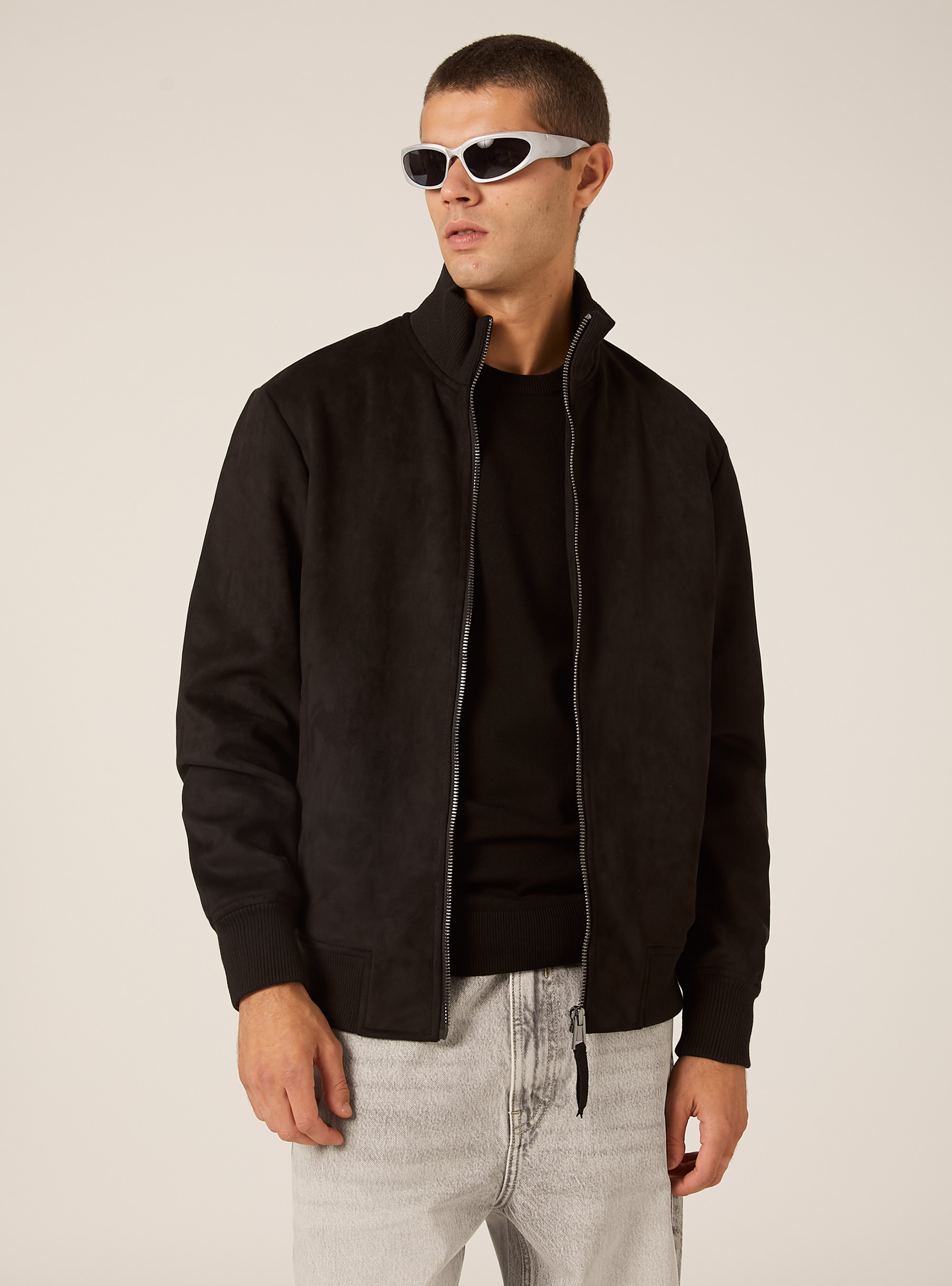Suede-effect bomber jacket, BK1 BLACK