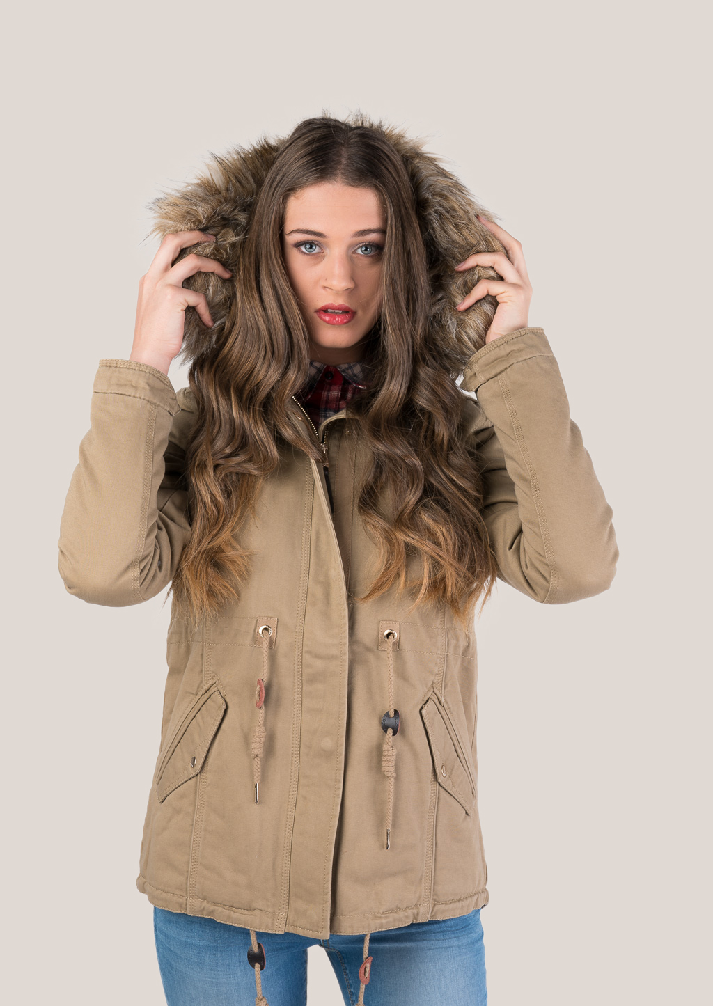 Twill cotton parka with lamb inside, BEIGE