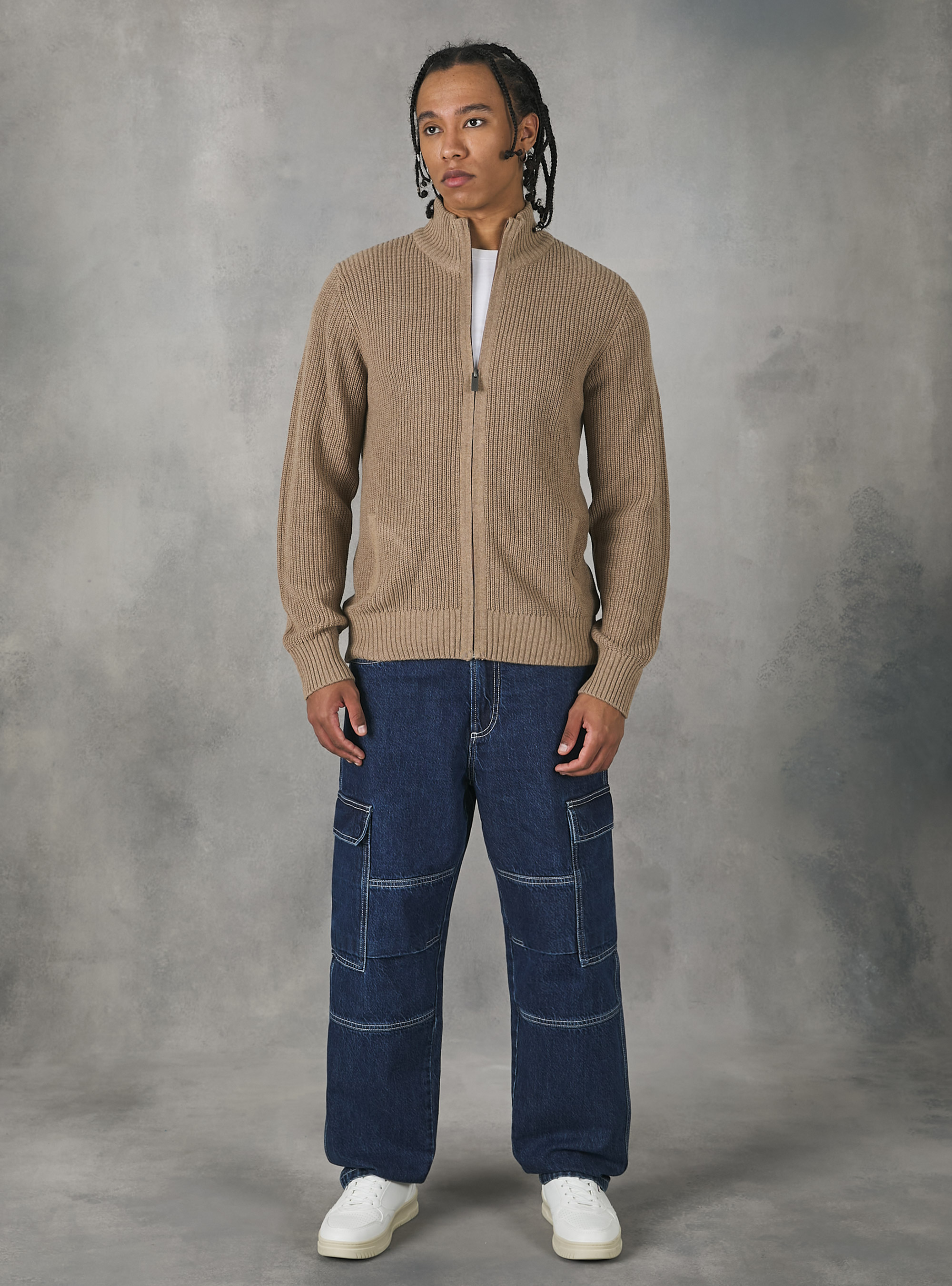 Knitted cardigan with zip, MBR3 BROWN MEL LIGHT