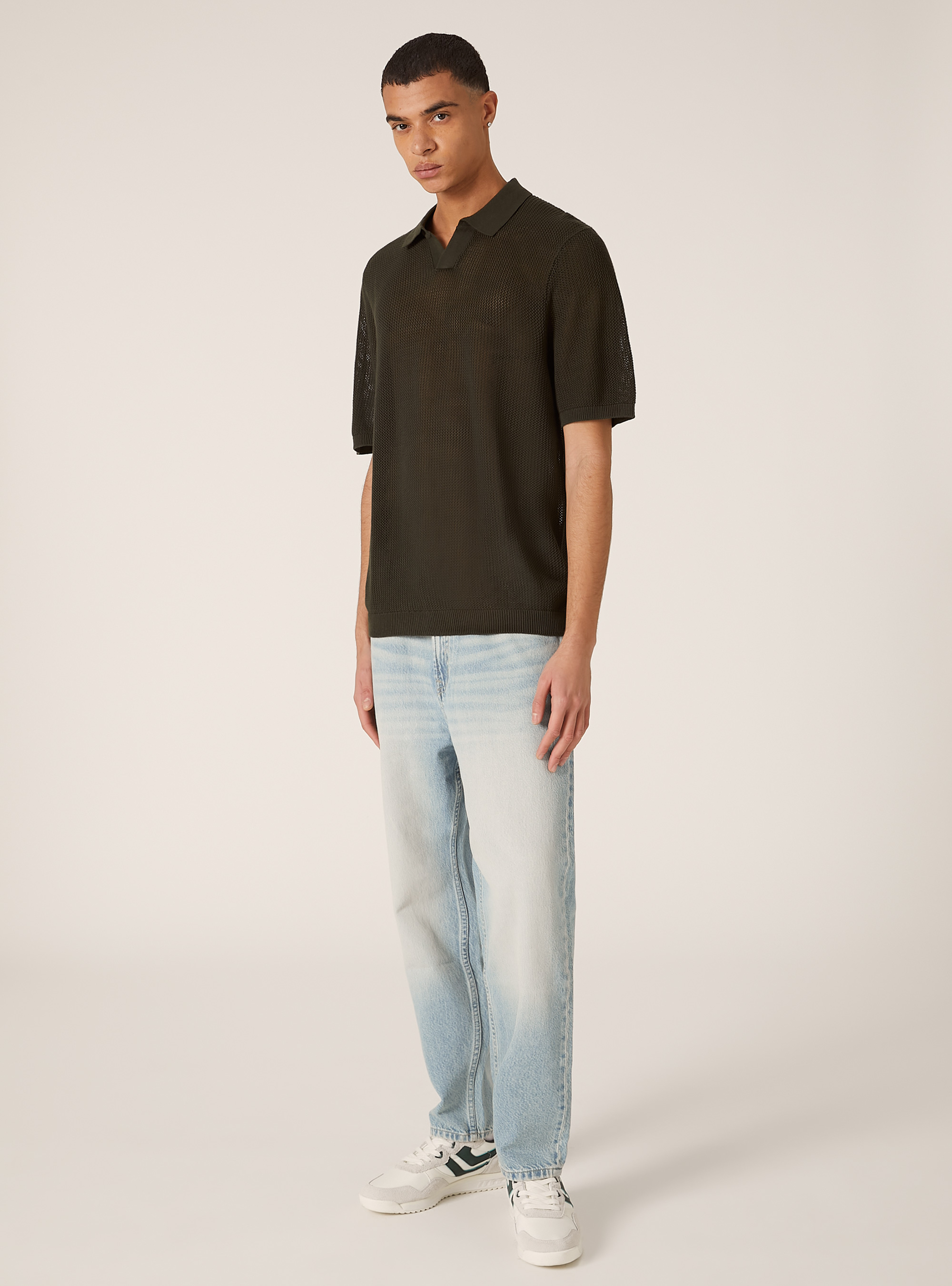 Perforated knit polo shirt, KY3 KAKY LIGHT
