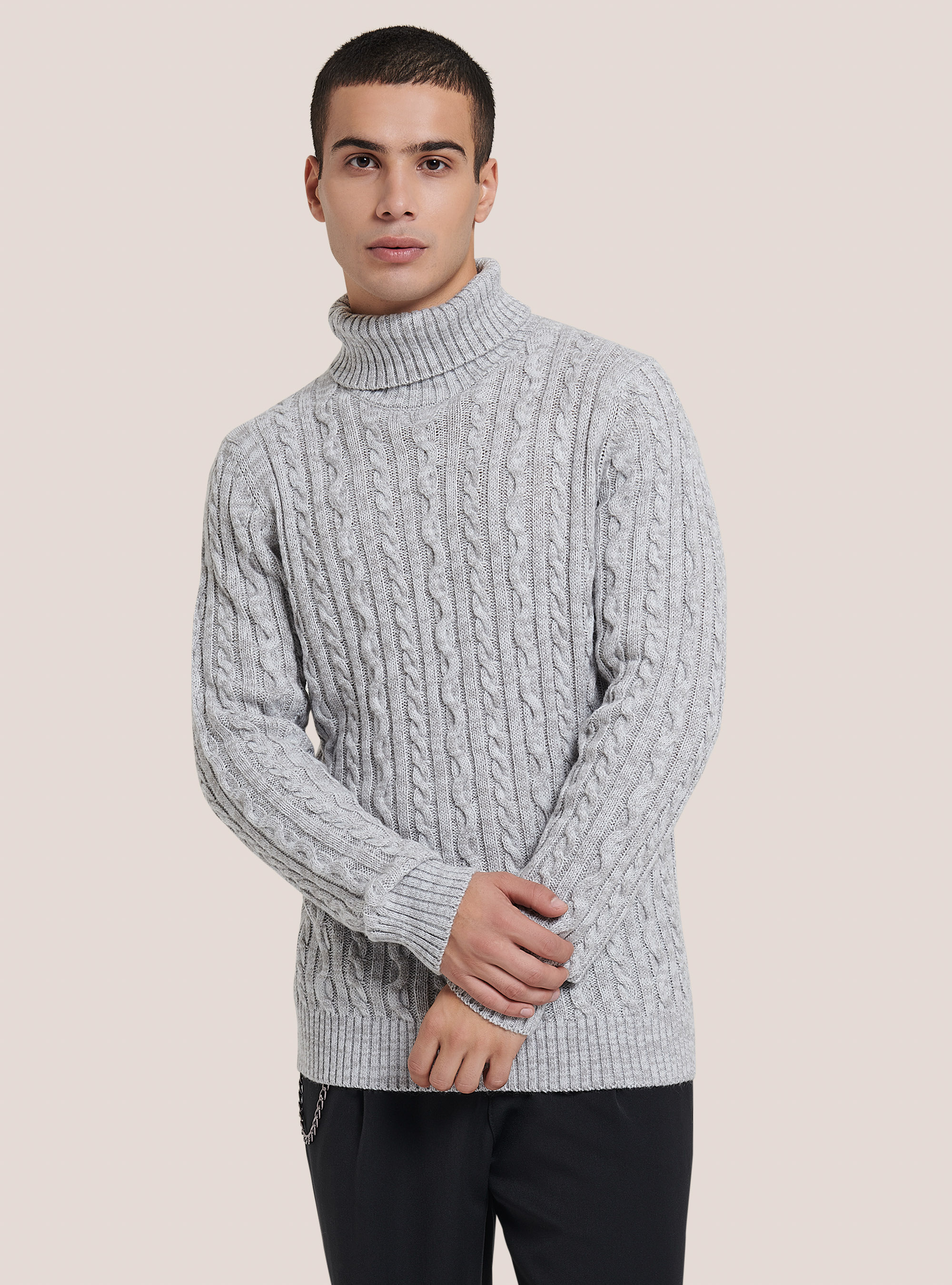 Pullover collo alto con trecce, MGY3 GREY MEL LIGHT
