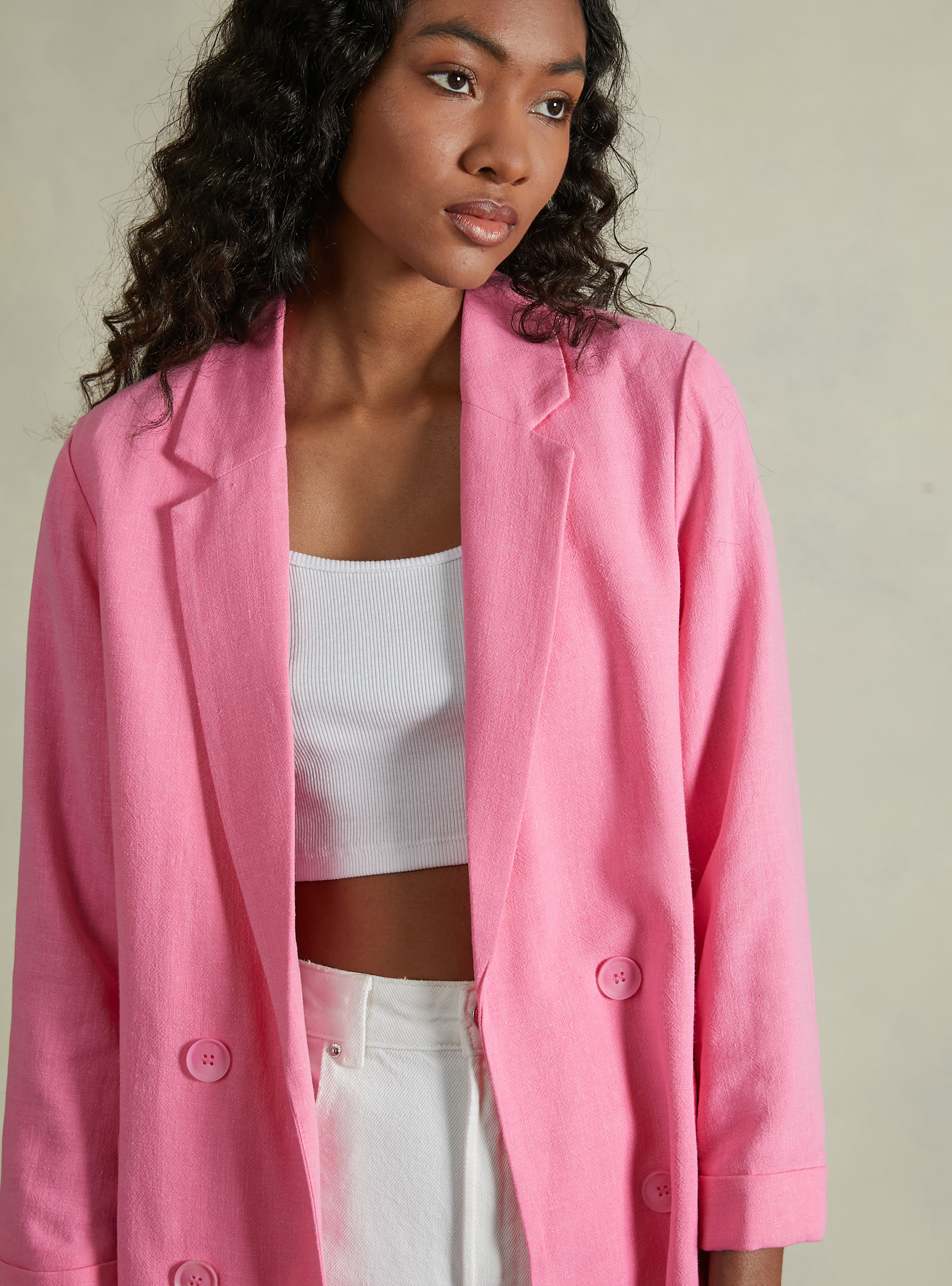 Blazer doppiopetto in misto lino, PK1 PINK DARK
