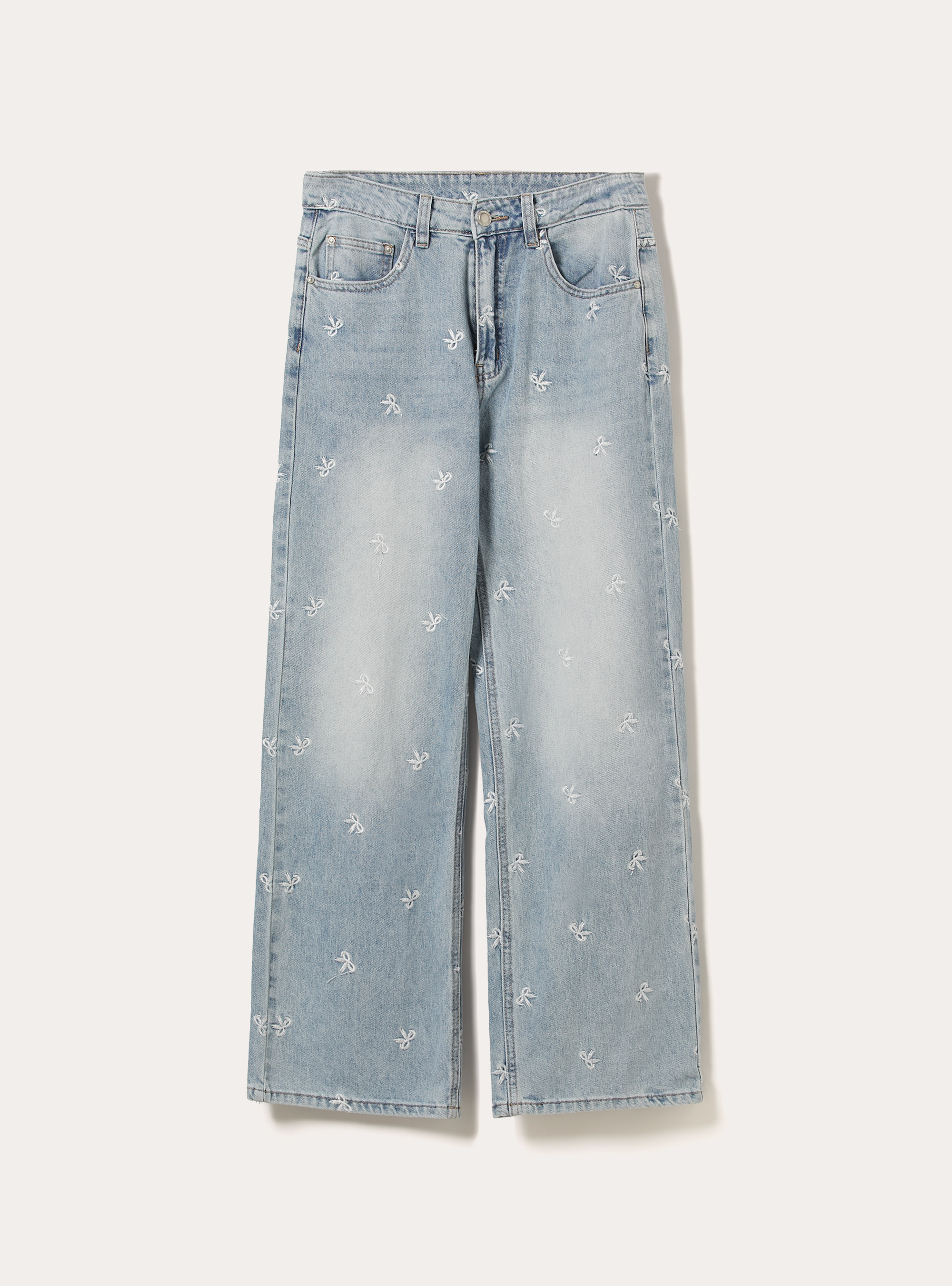 Vaqueros rectos con lazos bordados, D006 AZURE