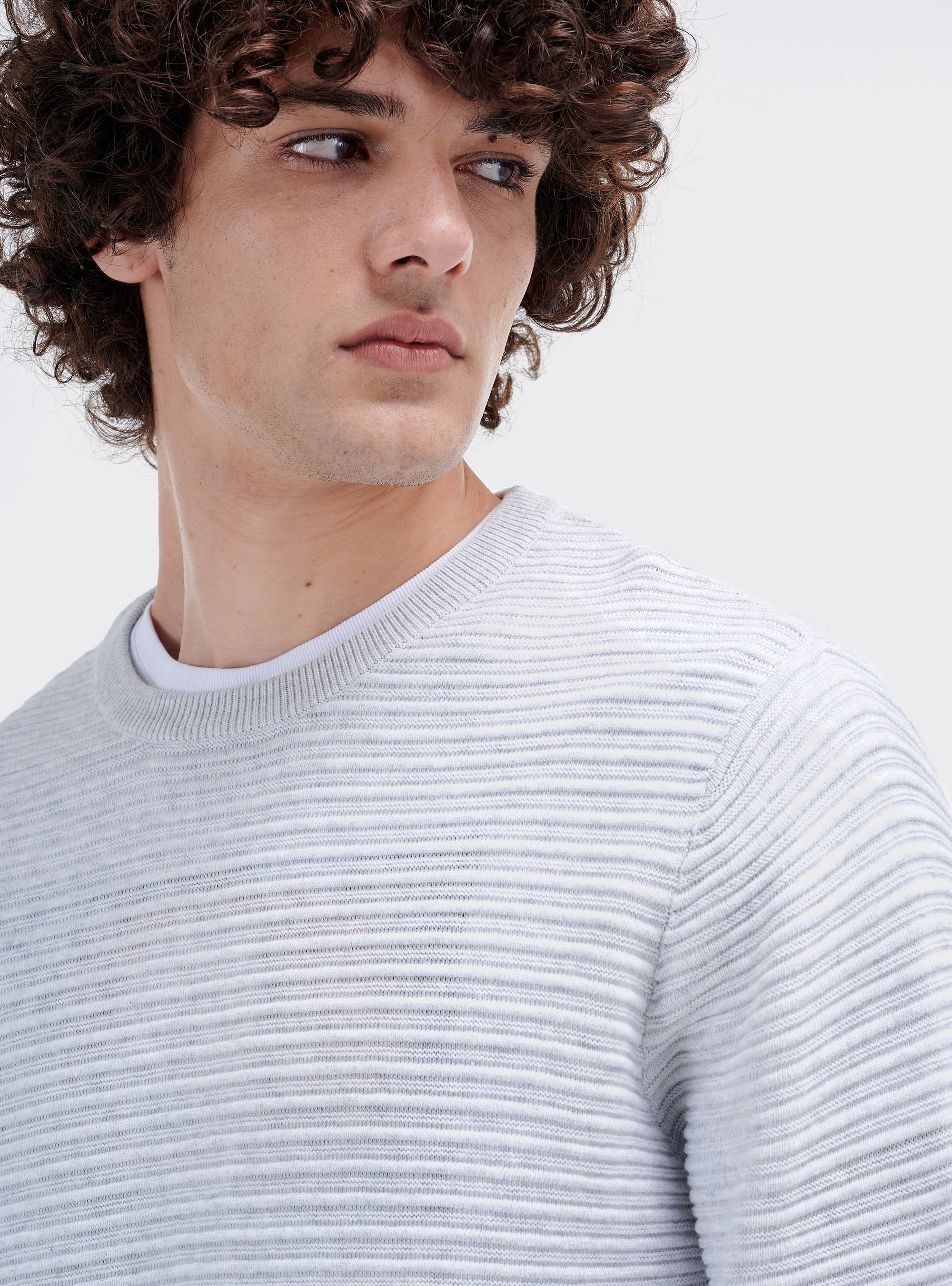 Basic crew neck structured knit sweater, C148 ICE MELANGE