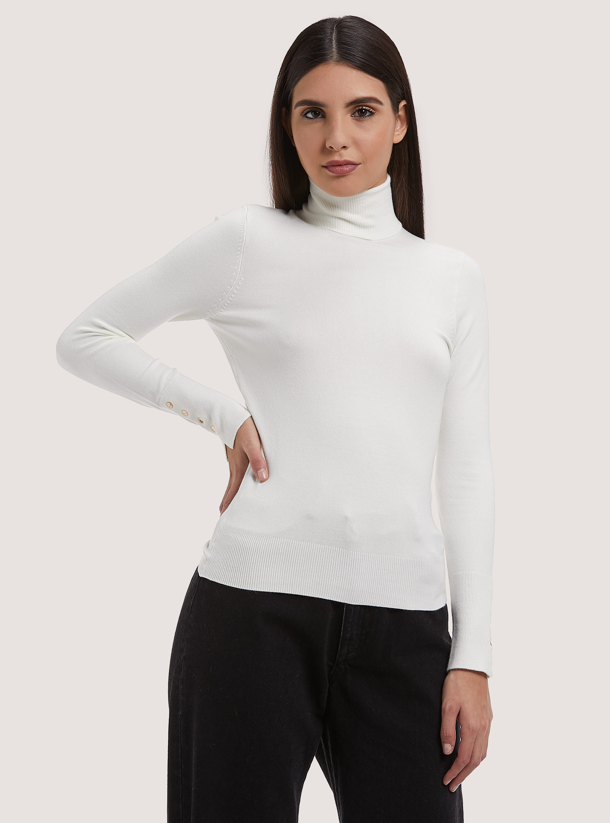 Pullover a collo alto con bottoni sulla manica, WH2 WHITE
