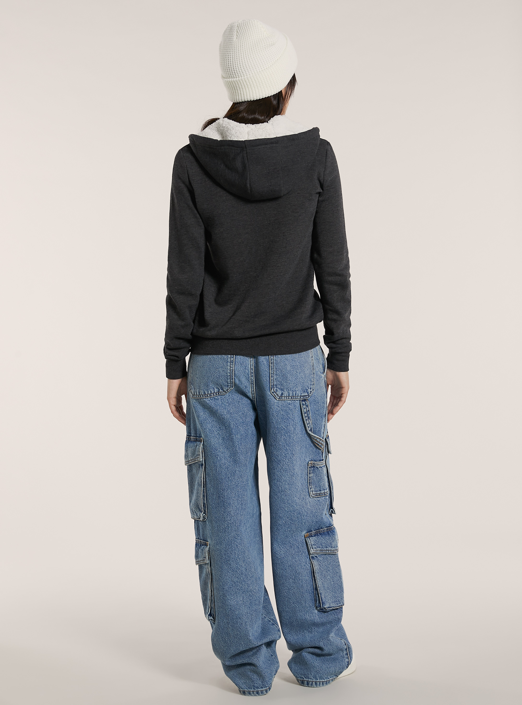 Felpa con zip e cappuccio in ecopelliccia, GRIGIO MELANGE