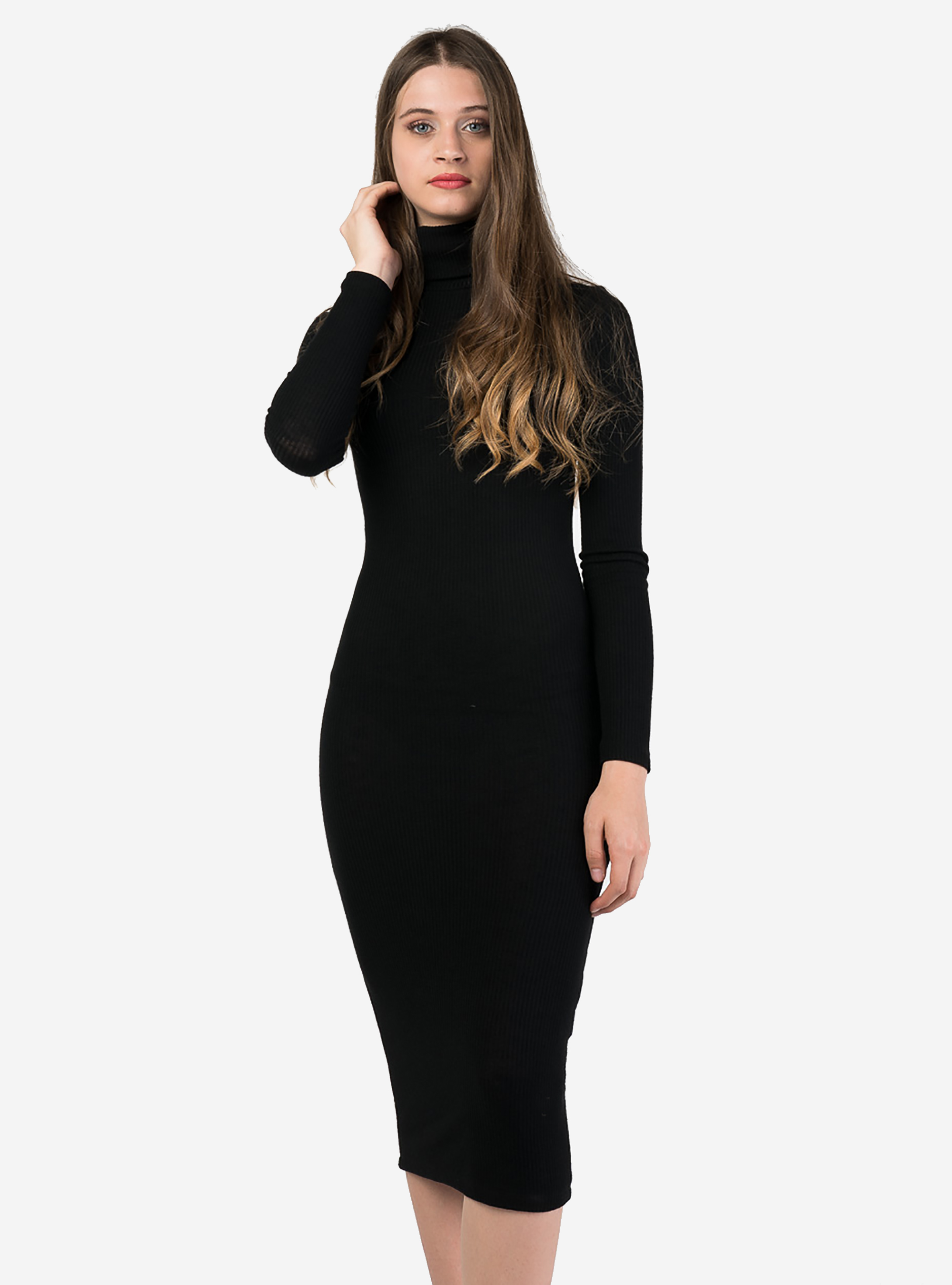 Robe longue &agrave; col montant, C101 BLACK