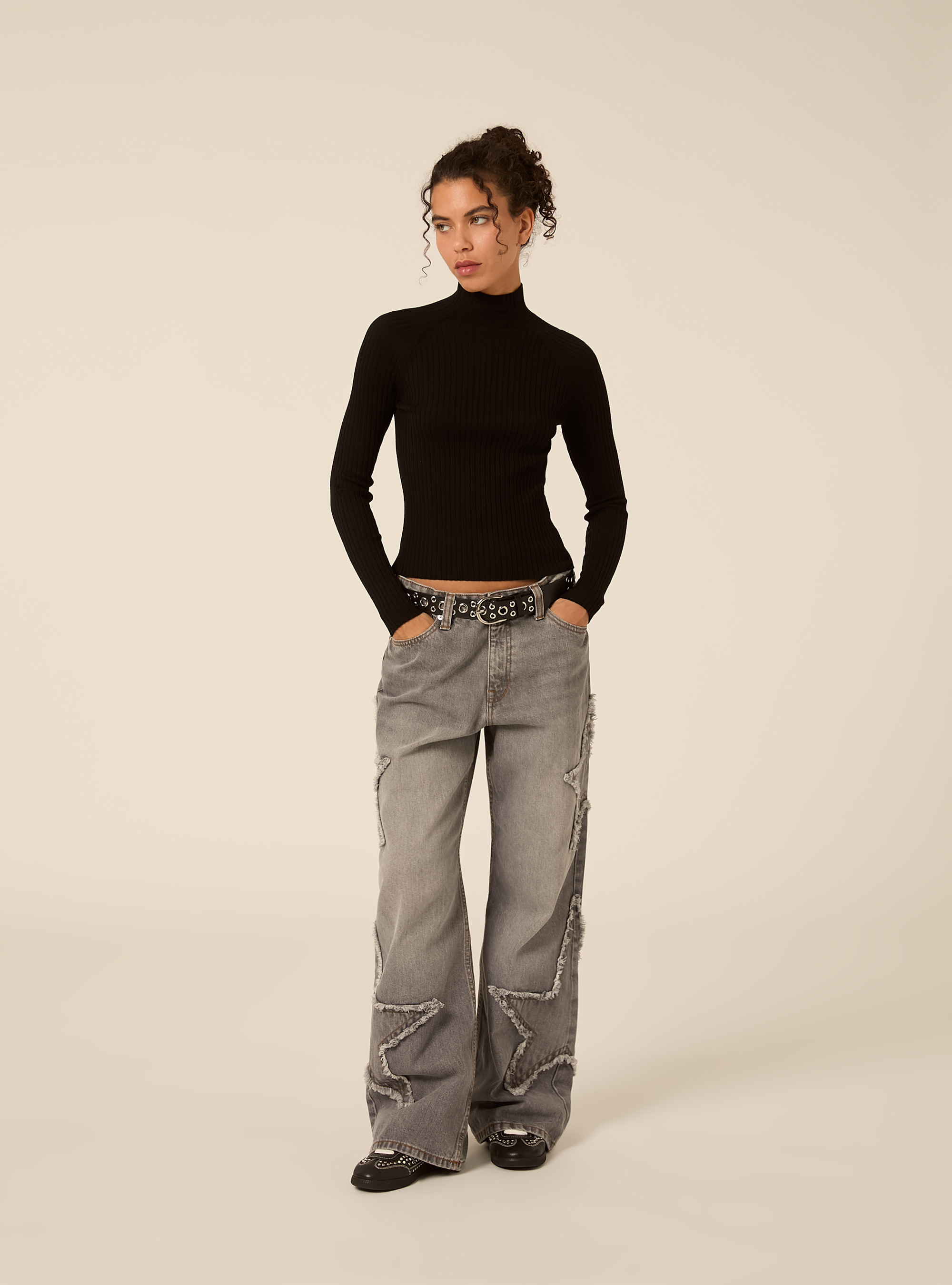 Ribbed mock neck jumper with raglan sleeves, BK1 BLACK