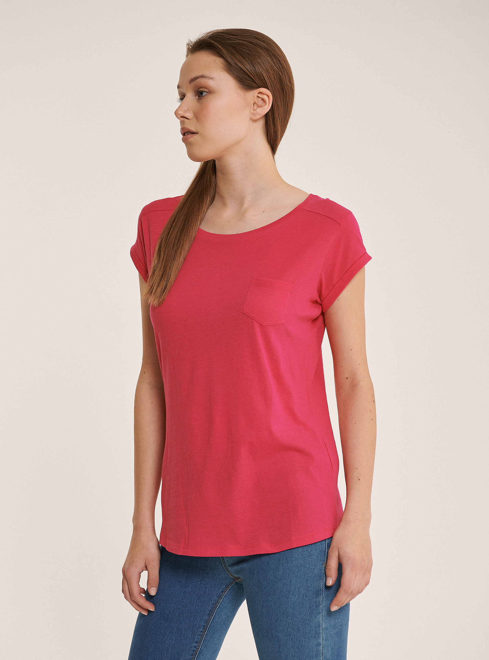Basic cotton T-shirt with breast pocket, FUXIA