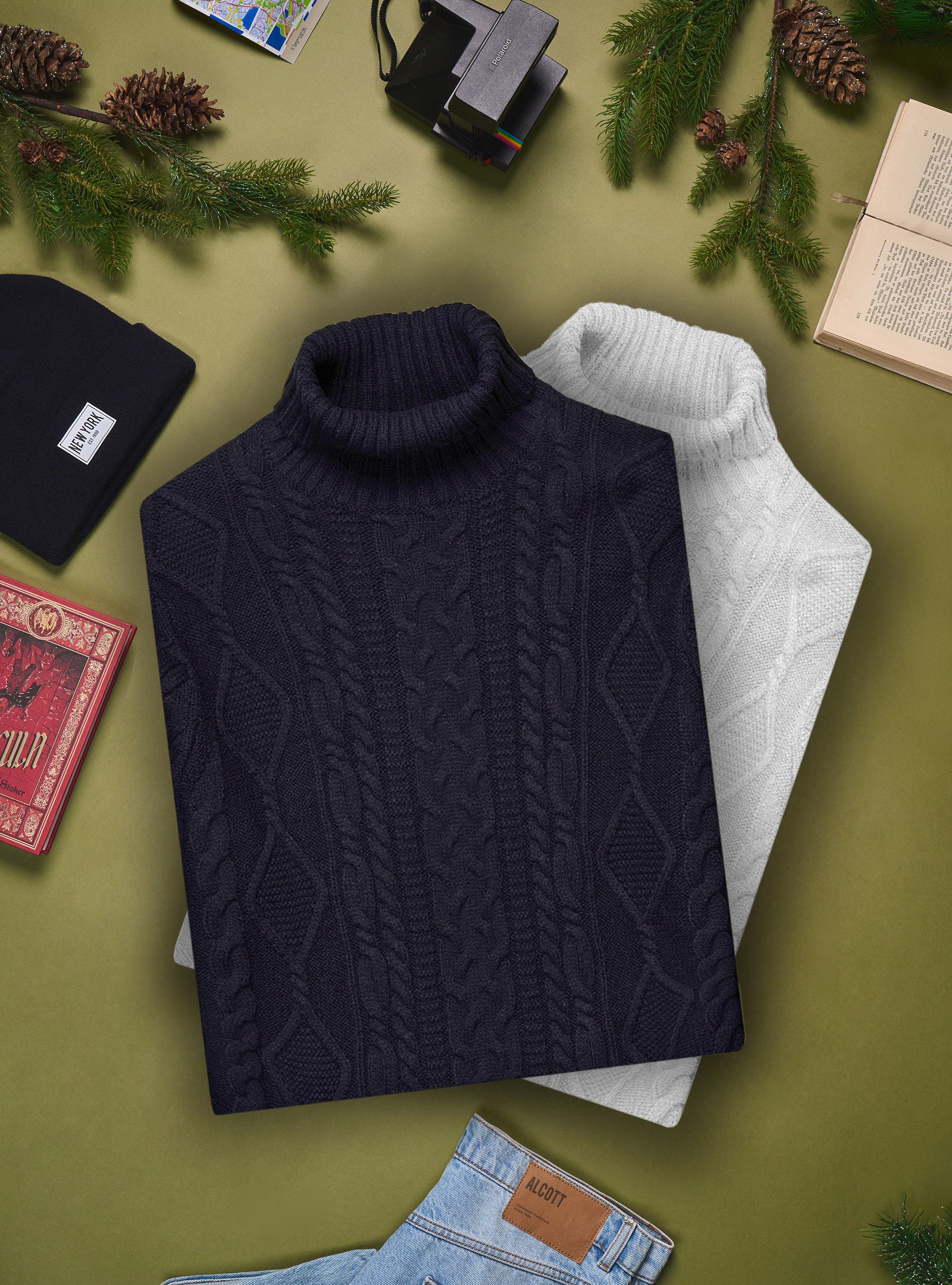 Pullover collo alto con trecce, BLU MARINO