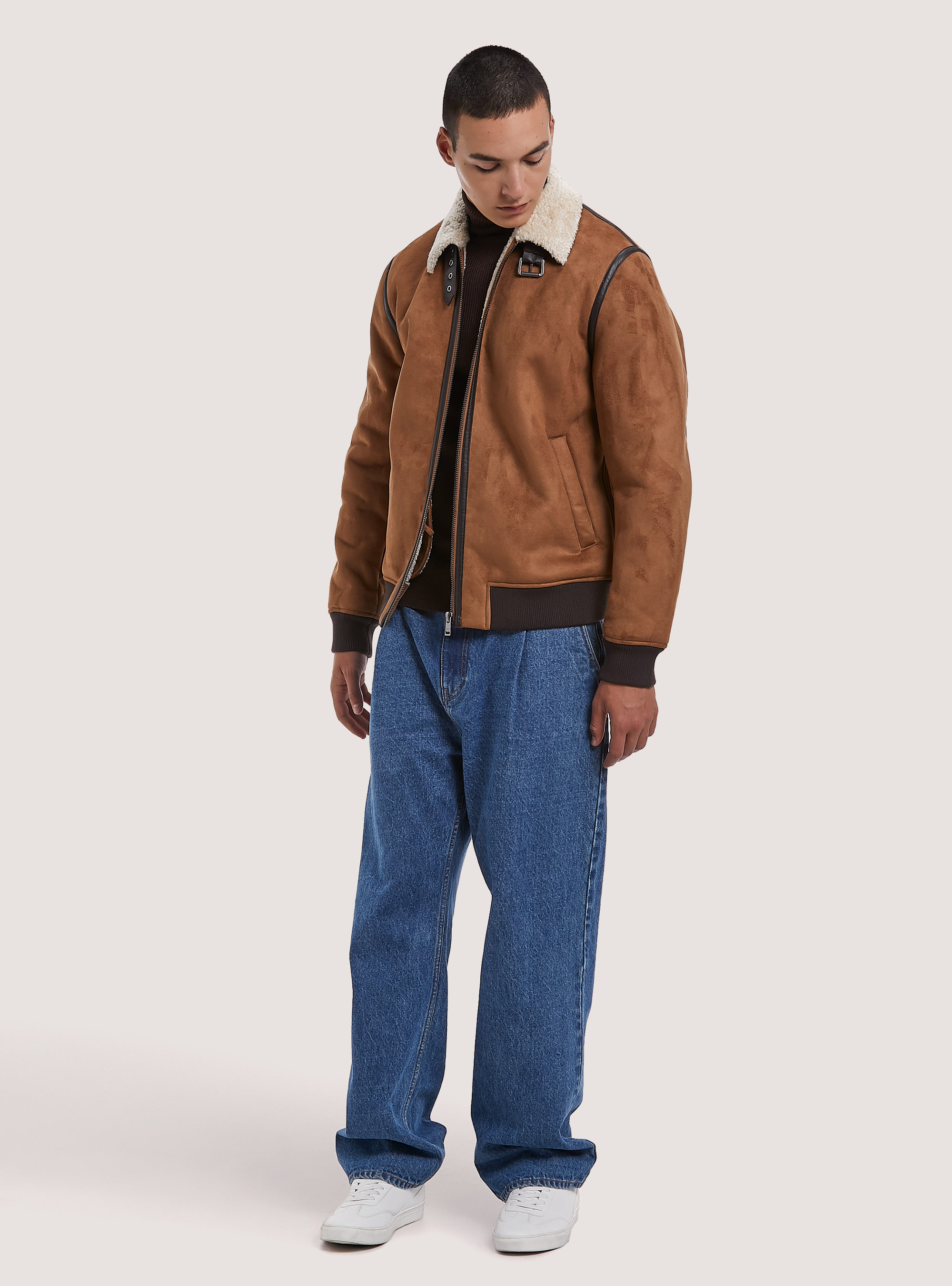 Giubbotto effetto suede con collo agnellato, TB1 TOBACCO DARK