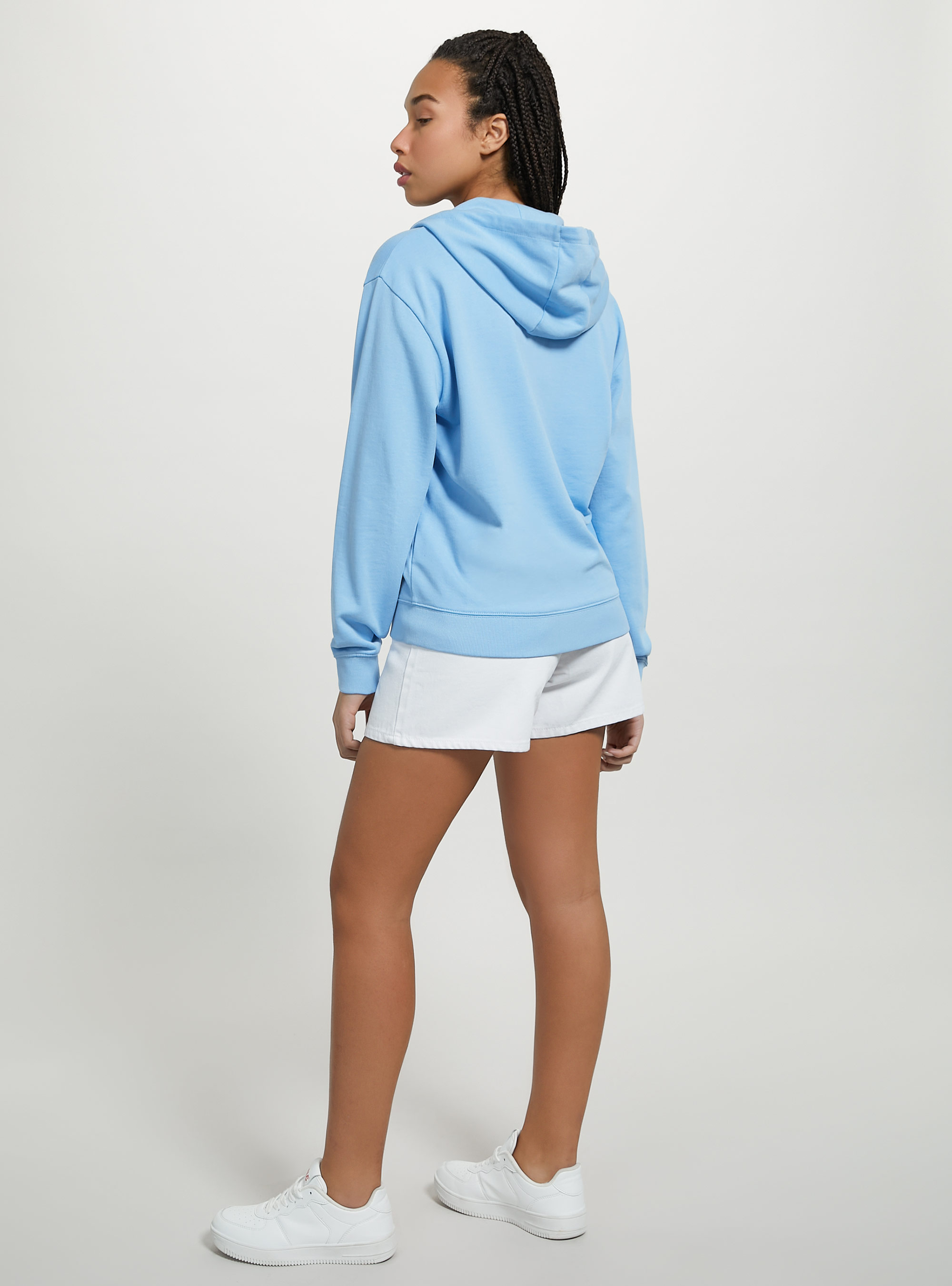 Felpa basic in cotone con zip e cappuccio, AZZURRO