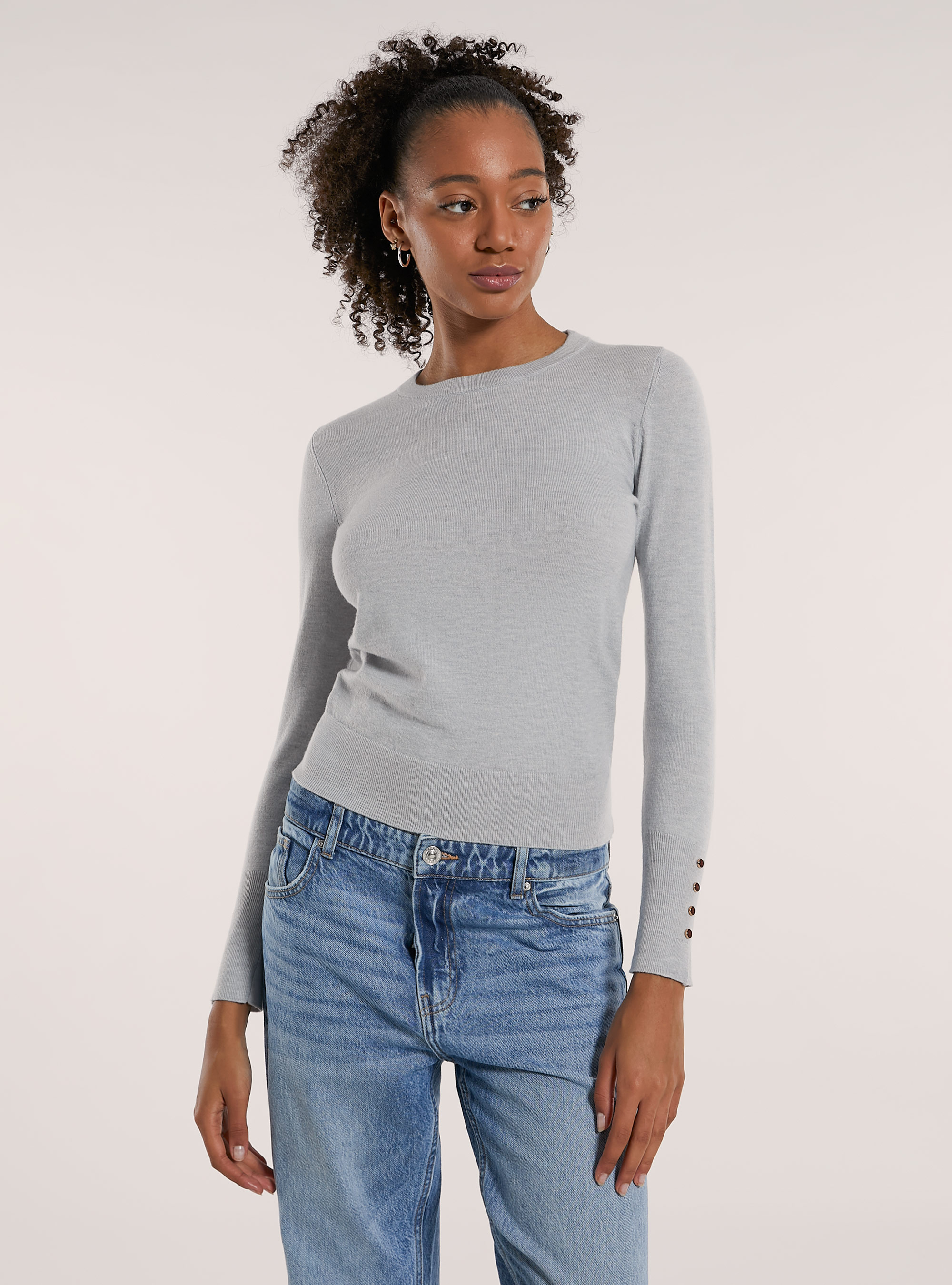 Maglia girocollo con bottoni, MGY1 GREY MEL DARK