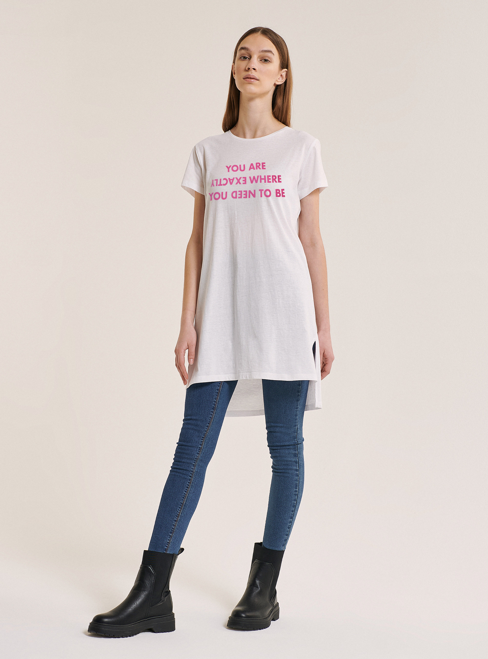 Long fit t-shirt with lettering print, WHITE