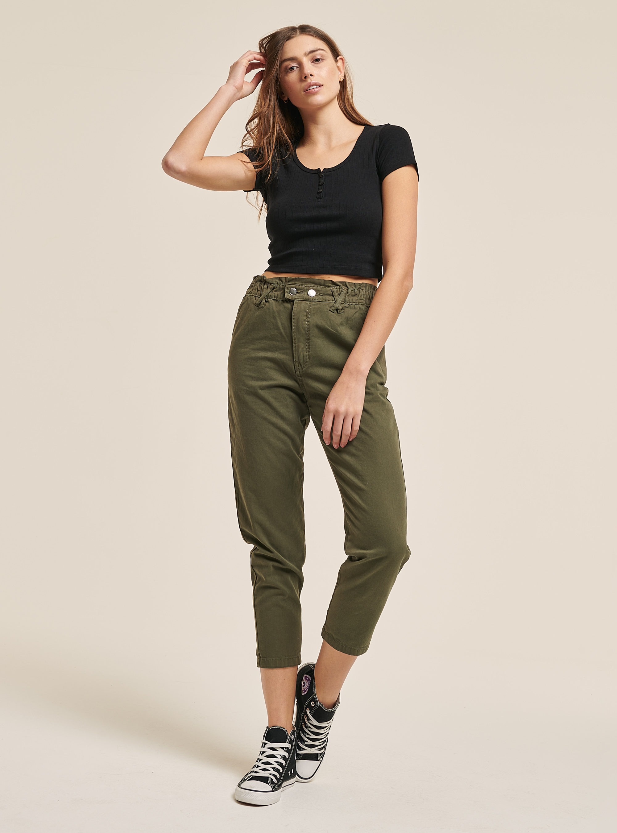 Cropped cotton top with buttons, BLACK