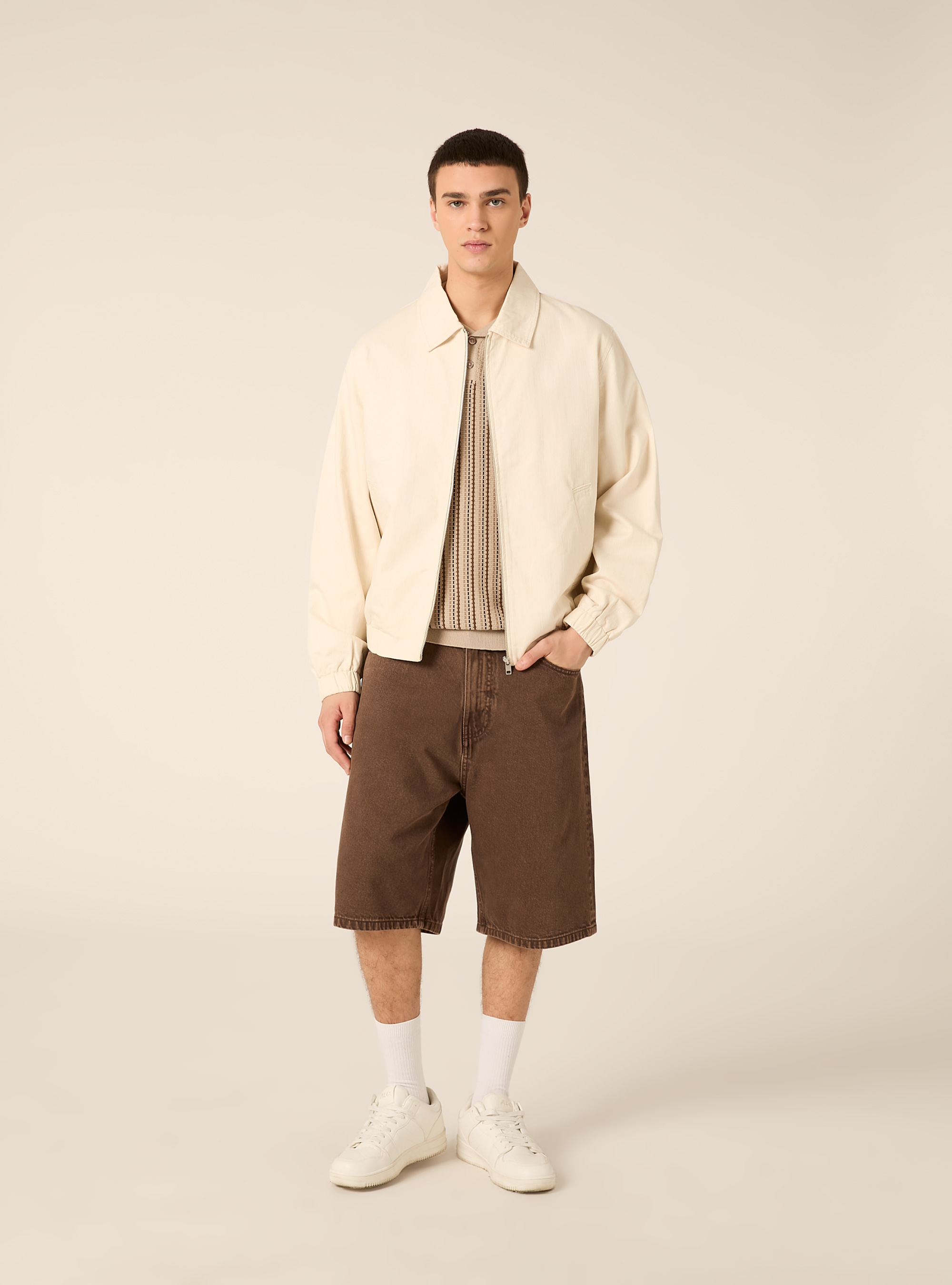 Bomber in misto lino regular fit, MCR3 CREAM MEL LIGHT