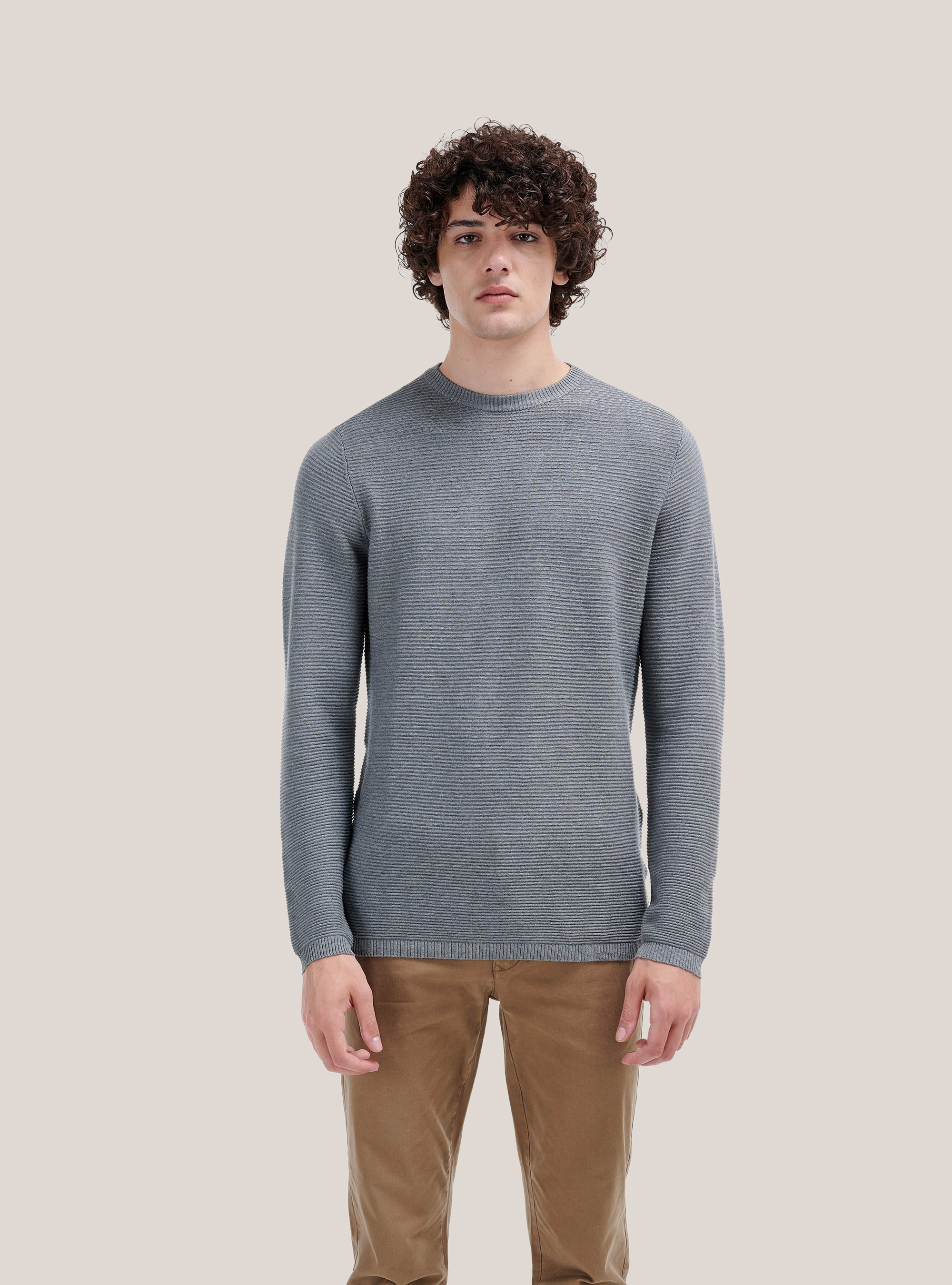 Structured knit crewneck pullover, GREY MELANGE