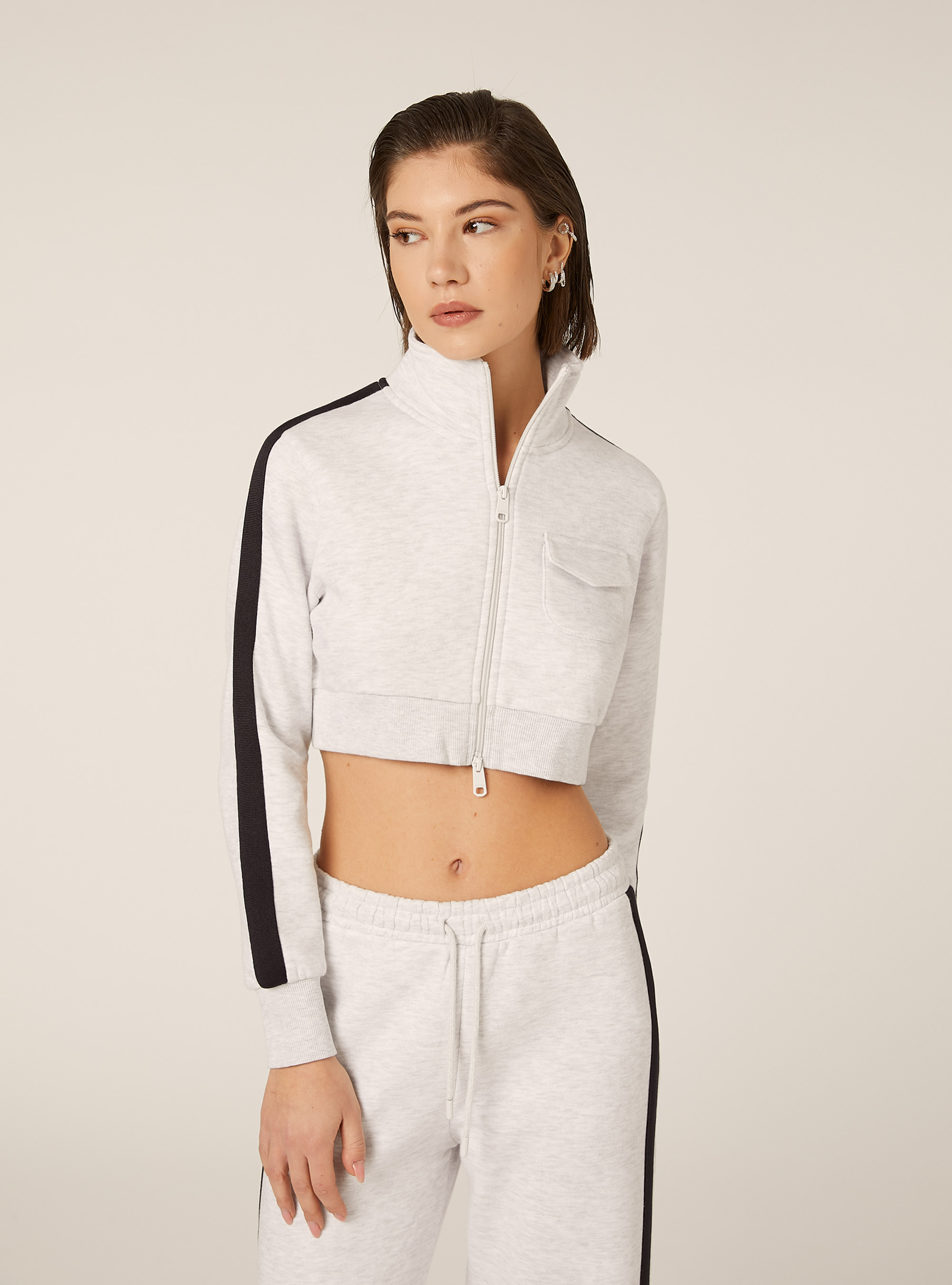 Felpa cropped zip con bande laterali, MGY3 GREY MEL LIGHT