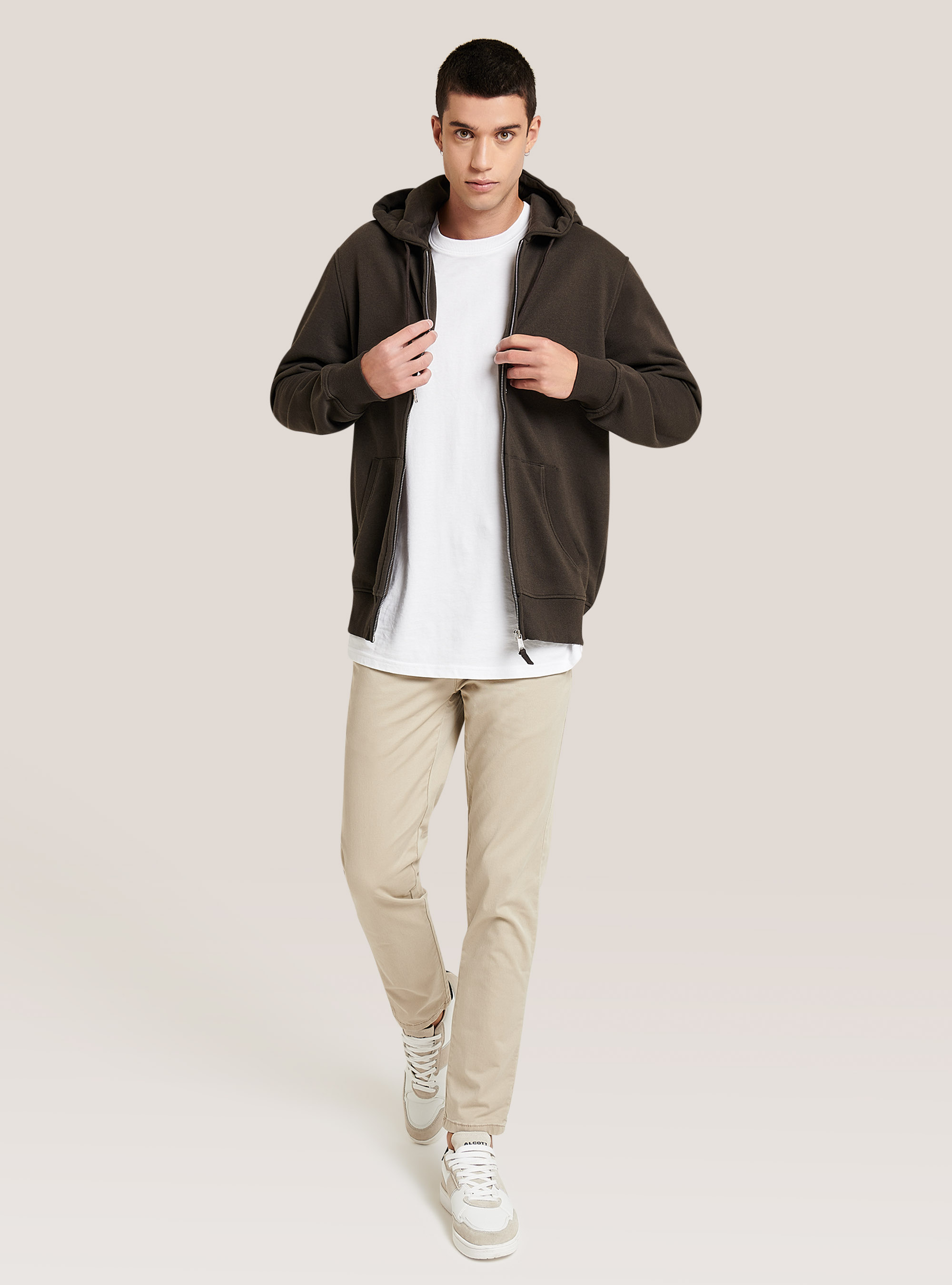 Sweat-shirt basique en coton avec capuche et fermeture éclair, C0569 FANGO