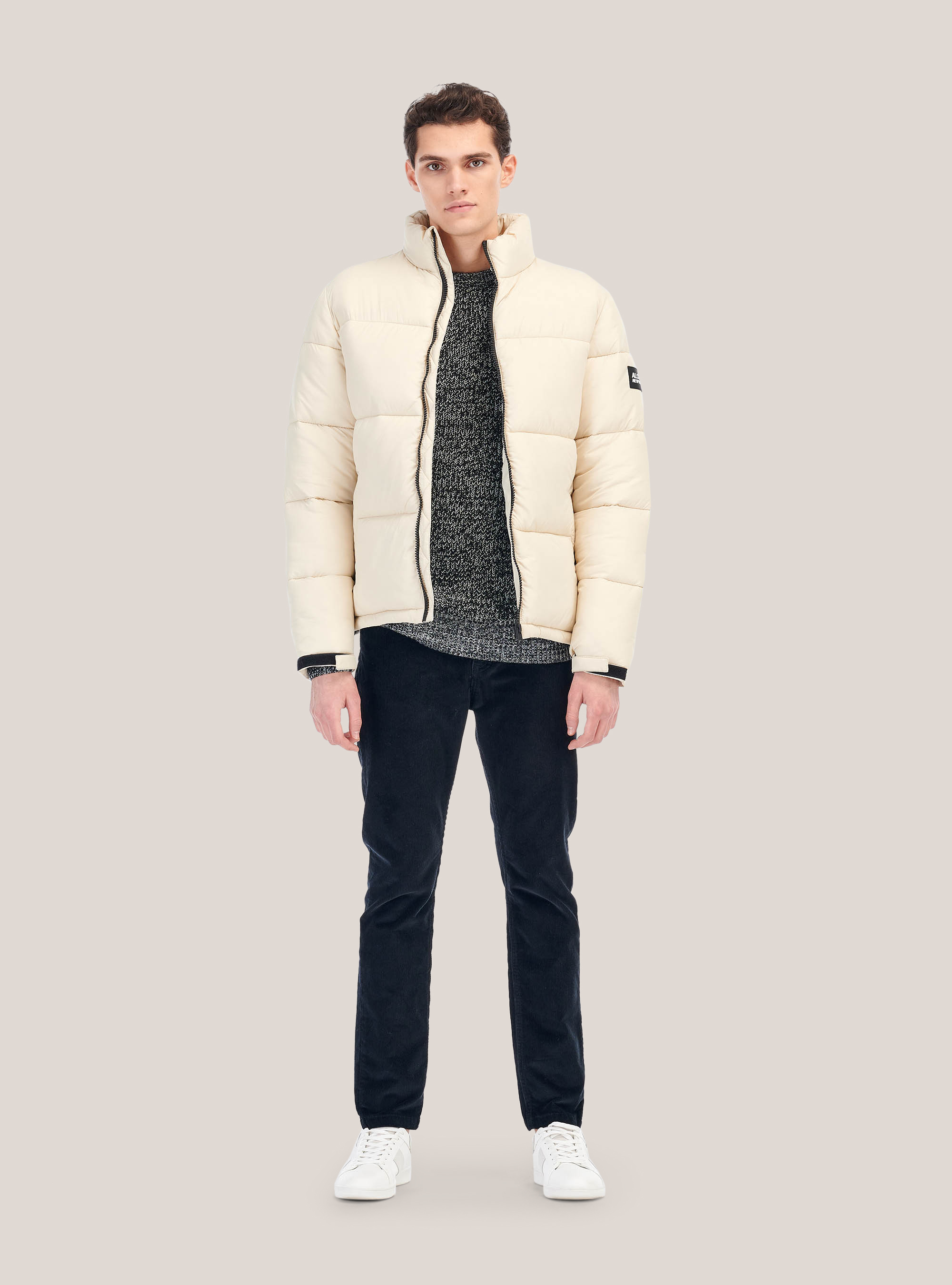 English rib round neck pullover in wool blend, CREAM/BLACK