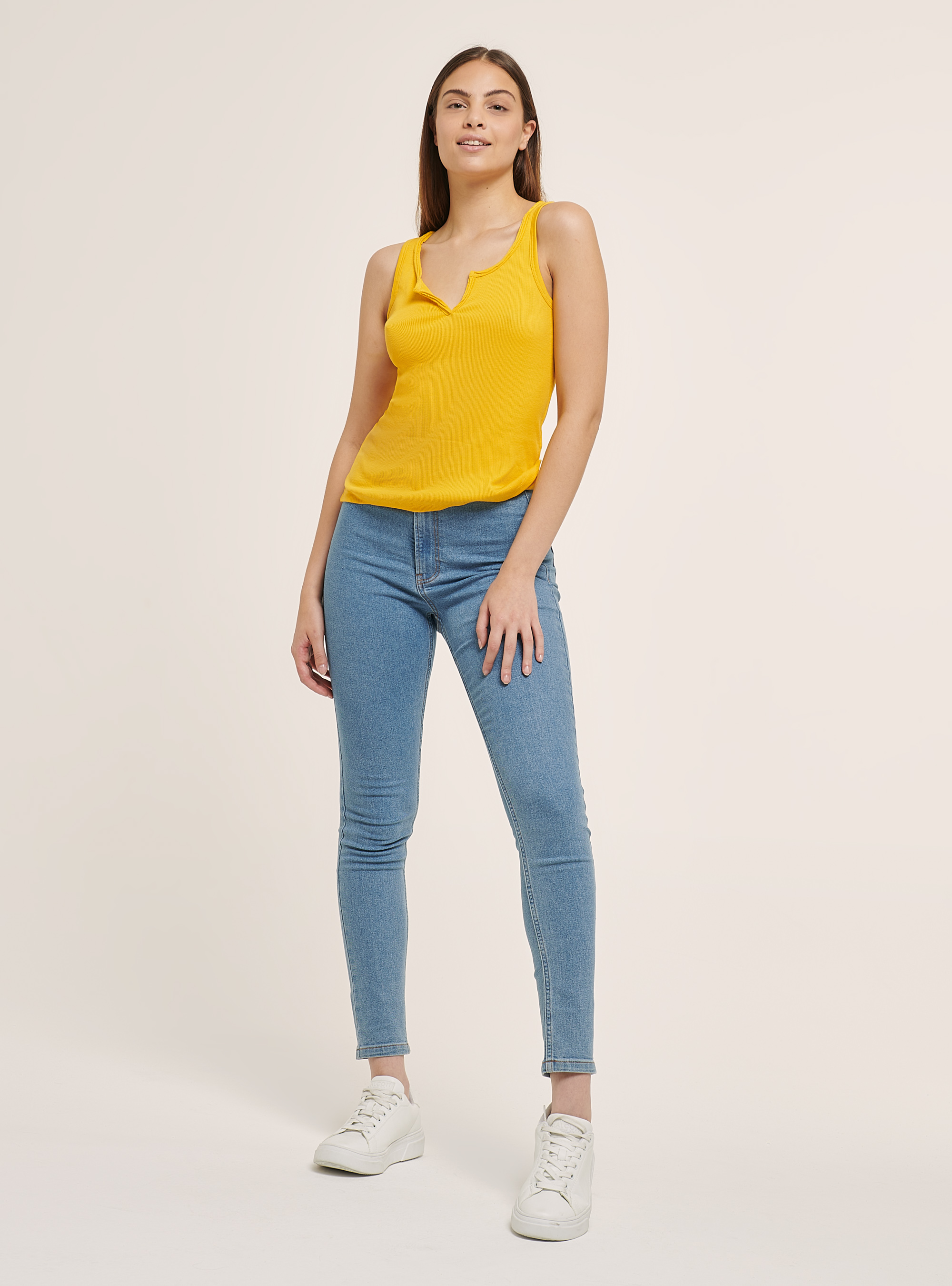 Ribbed cotton tank top with V-neckline, C7713 YELLOW