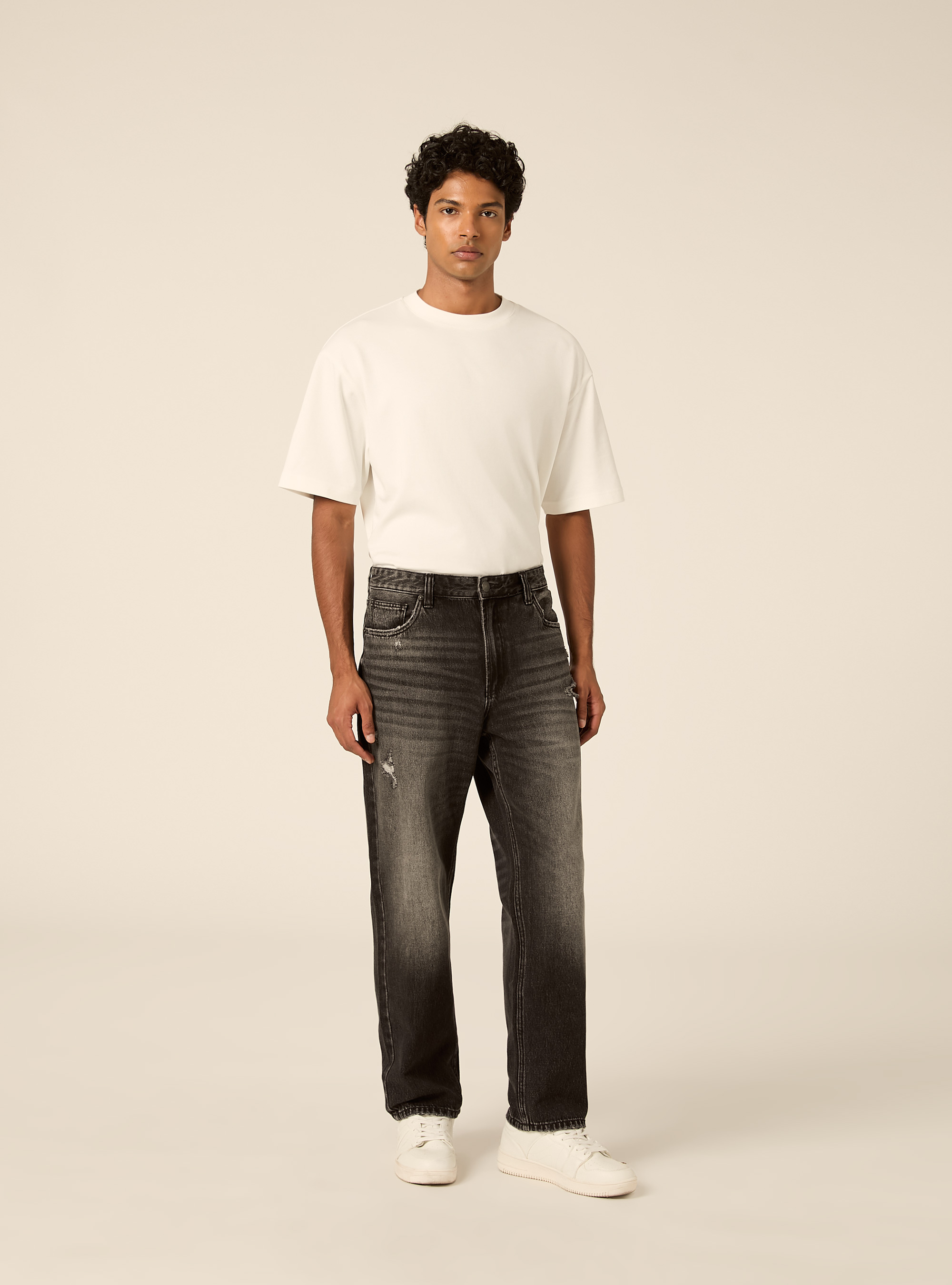 Pantalone in denim tapered fit, D000 BLACK