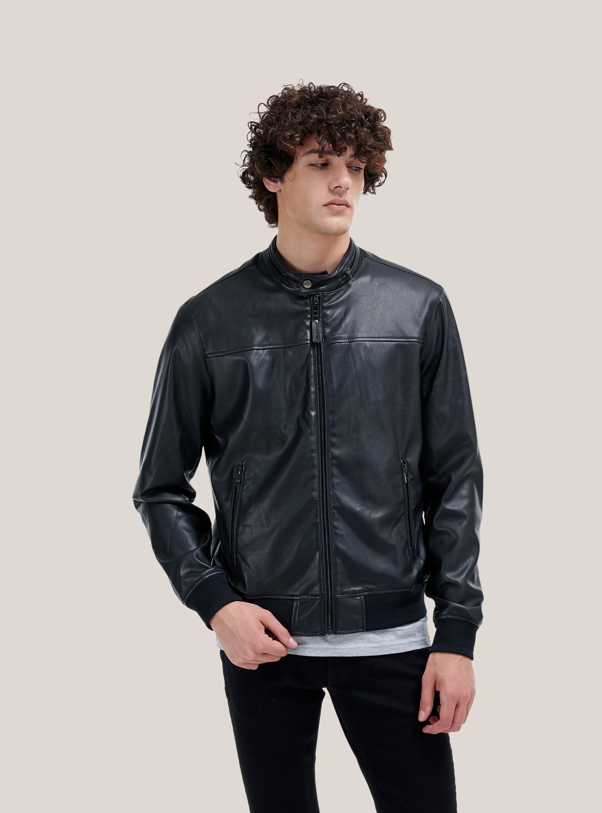 Slim fit leather effect jacket, BLACK