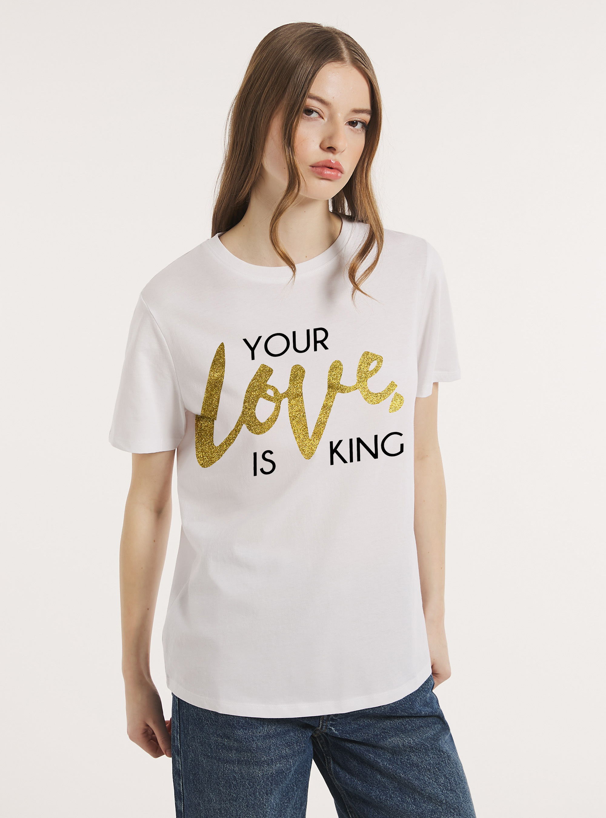 T-shirt with glitter lettering print, WH3 WHITE
