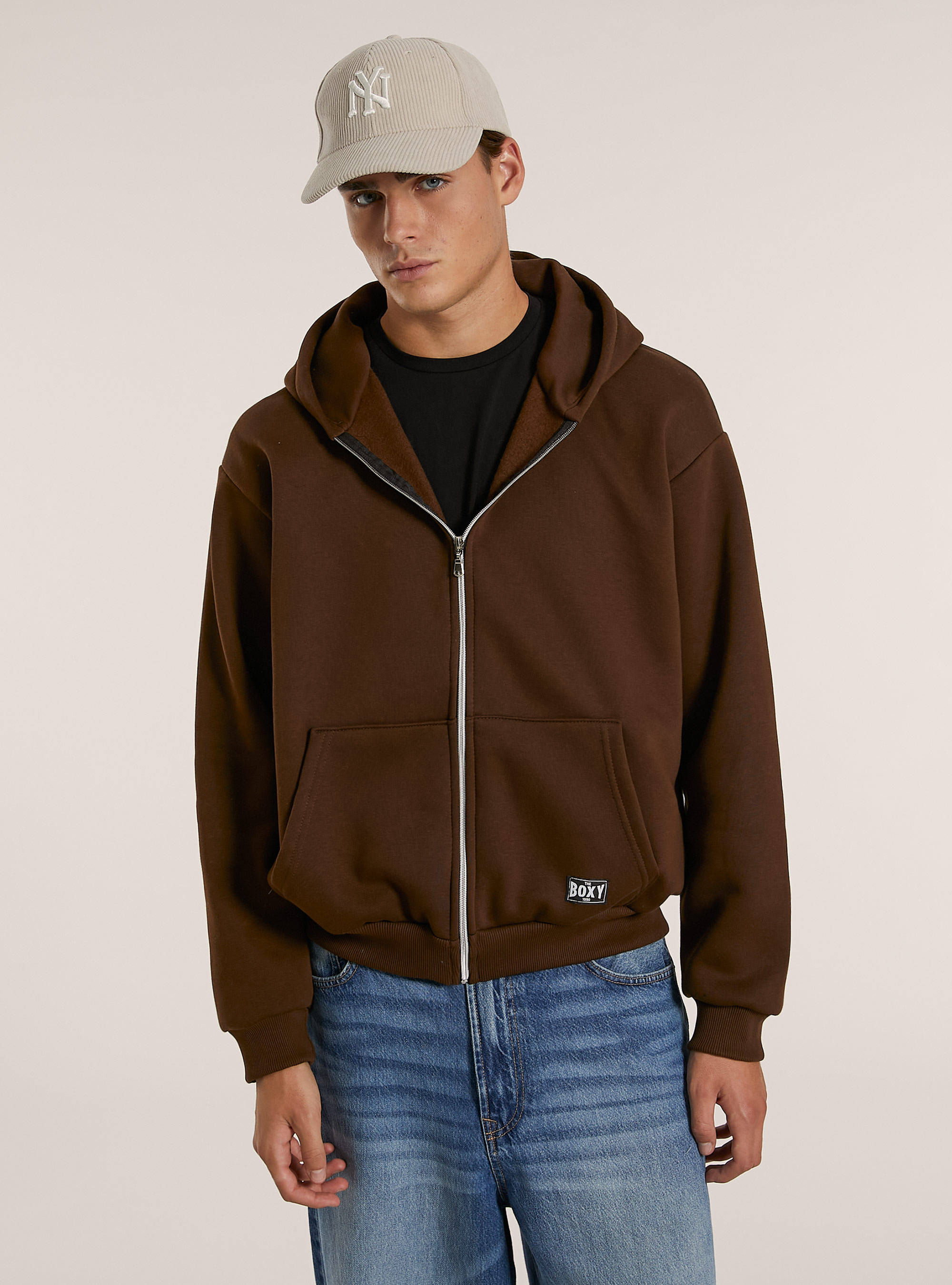 Felpa con zip e cappuccio boxy fit, BR1 BROWN DARK