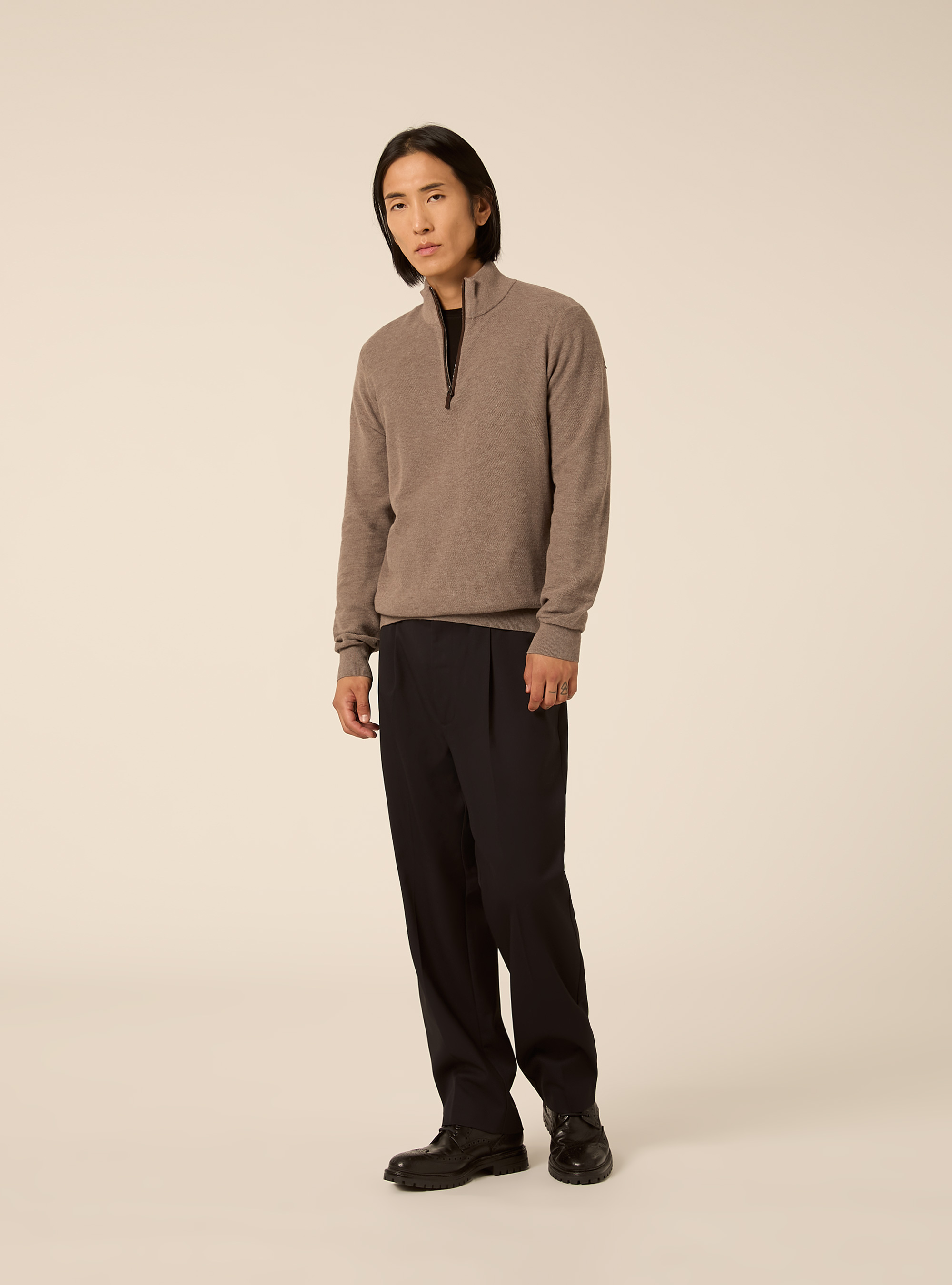 Half zip pullover aus kaschmirmischung mit stehkragen, MTB2 TOBACCO MEL MED